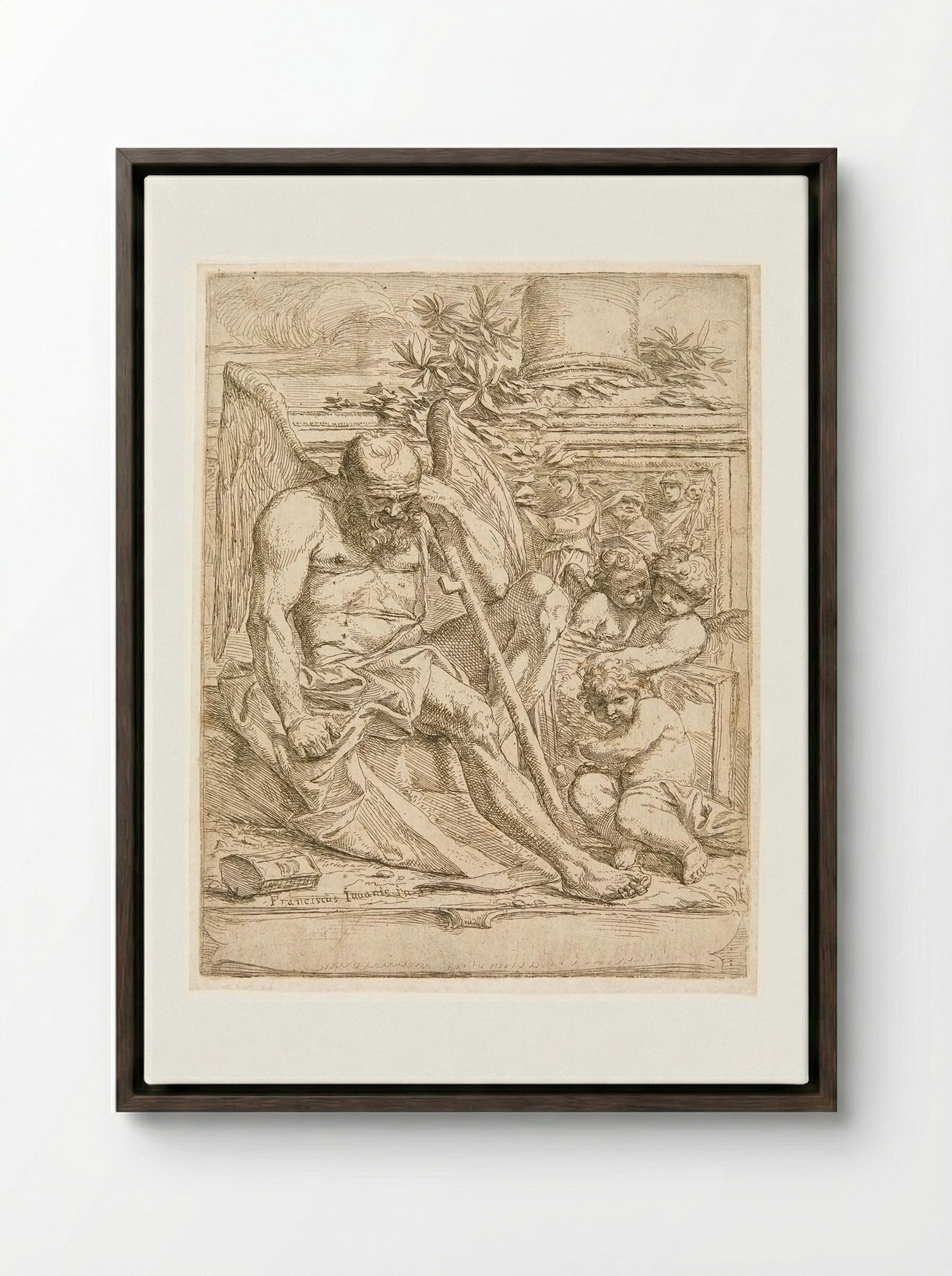 Saturn, Seated with three Putti Holding a Painting - Giovanni Francesco Grimaldi - Framed Canvas Dark Wood