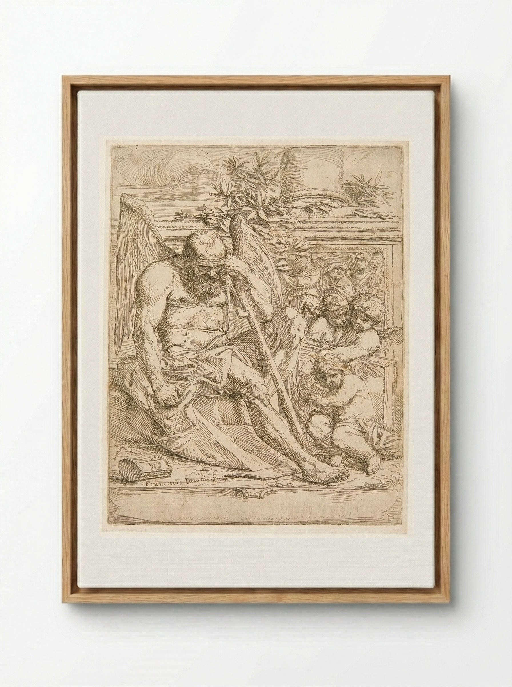 Saturn, Seated with three Putti Holding a Painting - Giovanni Francesco Grimaldi - Framed Canvas Wood