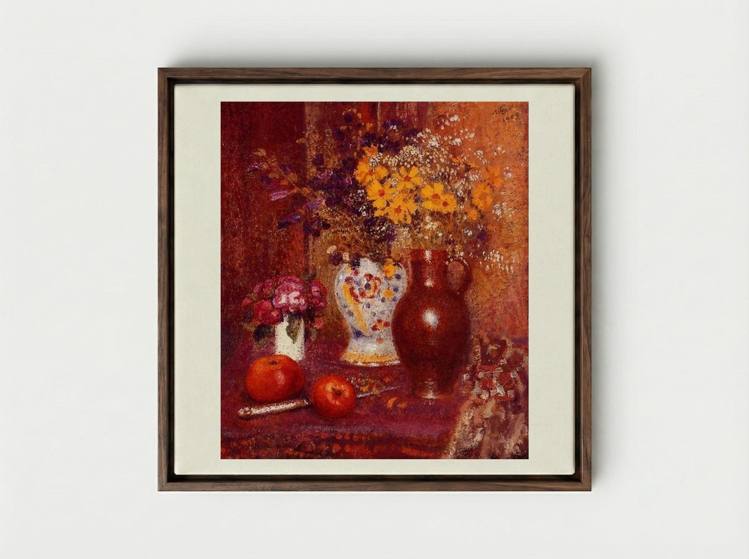 Flowers and Apples - Georges Lemmen - Framed Canvas Dark Wood