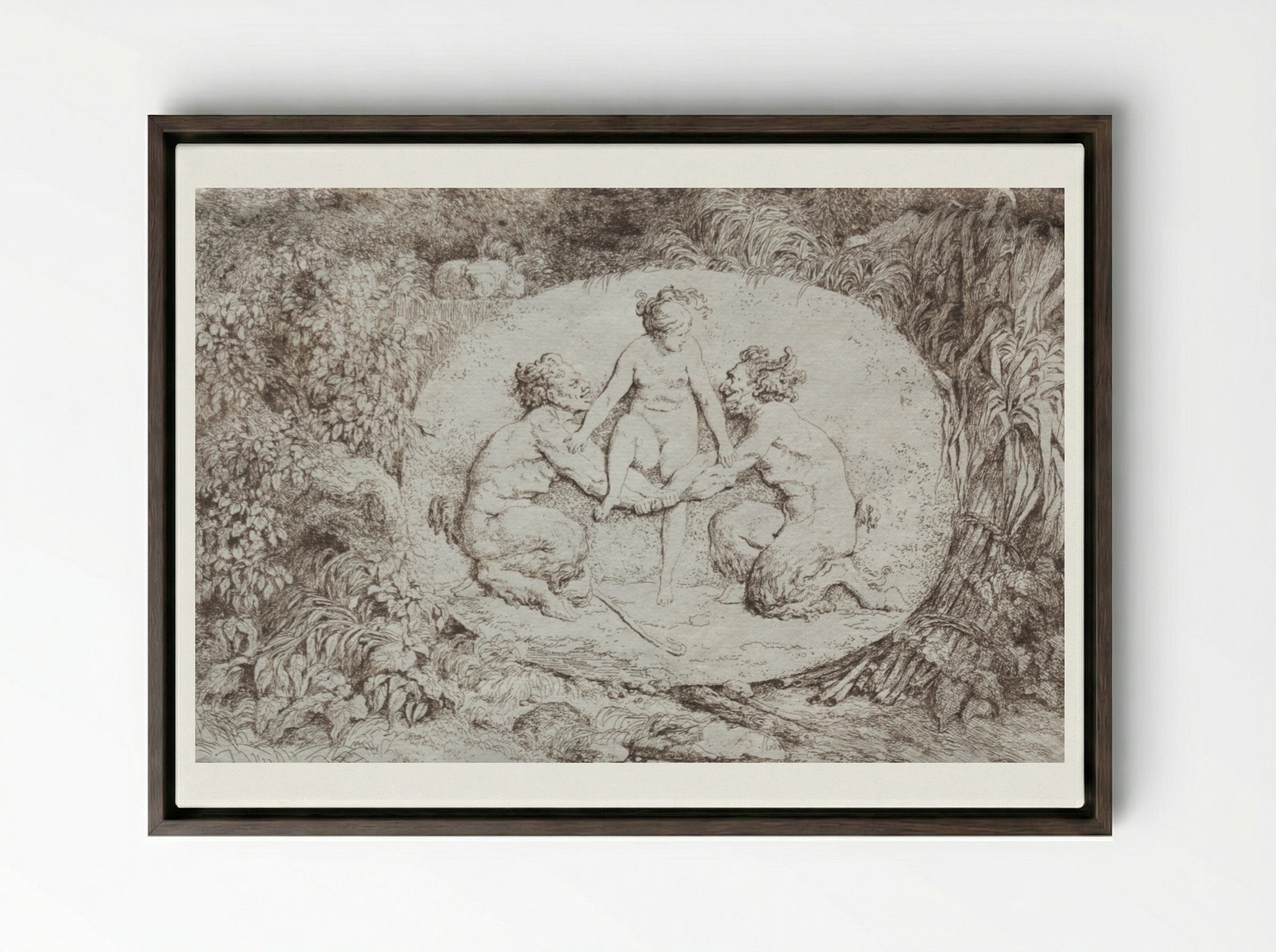 Bacchanales: Nymph Supported by Two Satyrs - Jean-Honoré Fragonard - Framed Canvas Dark Wood