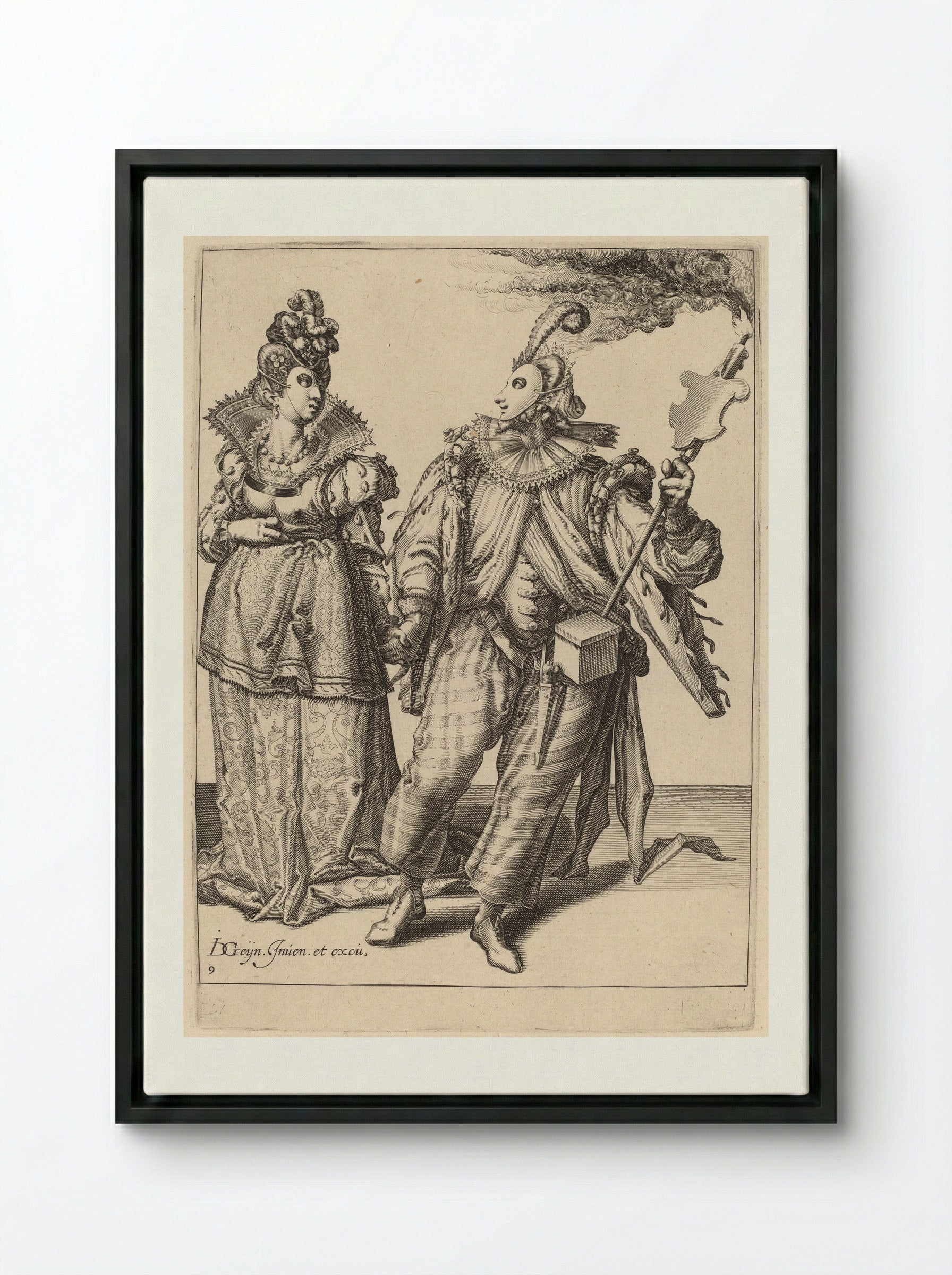 A Man with a Turban Leading a Woman Who is Wearing Peacock Feathers, Behind Them a Torch-Bearer - Zacharias Dolendo - Framed Canvas Black