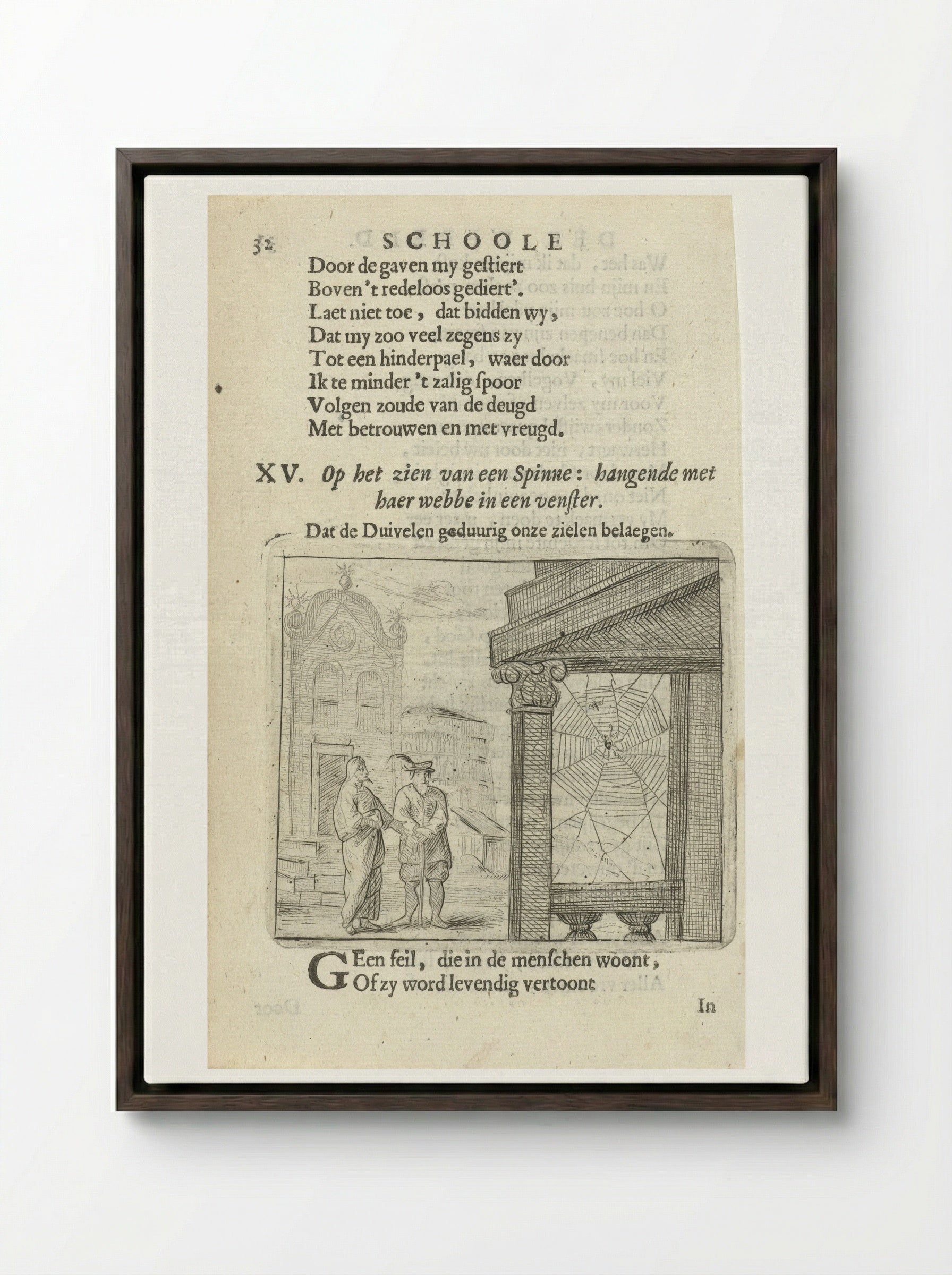 Two Figures Observing a Spiderweb - Arnold Houbraken - Framed Canvas Dark Wood