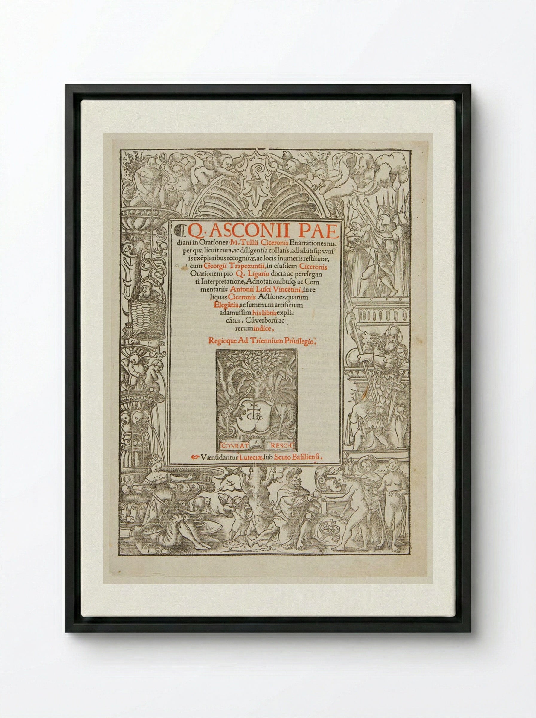 Title-Border with Pyramus and Thisbe, Judgment of Paris, etc. - Urs Graf - Framed Canvas Black