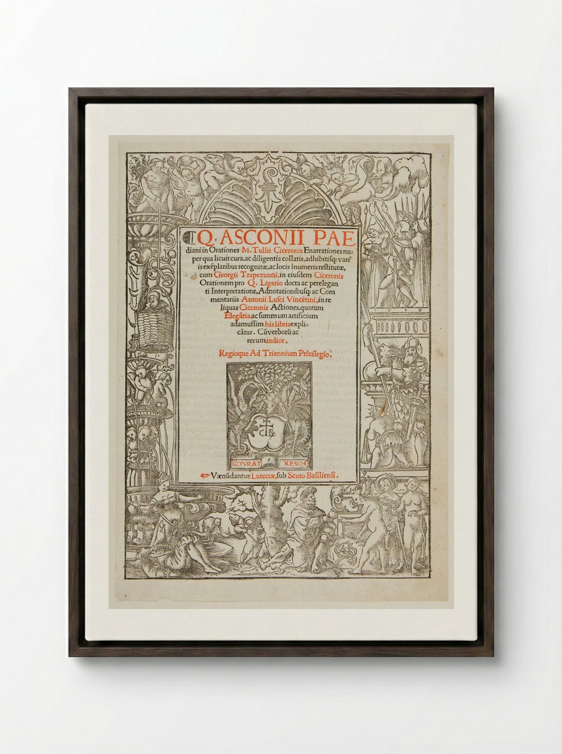 Title-Border with Pyramus and Thisbe, Judgment of Paris, etc. - Urs Graf - Framed Canvas Dark Wood