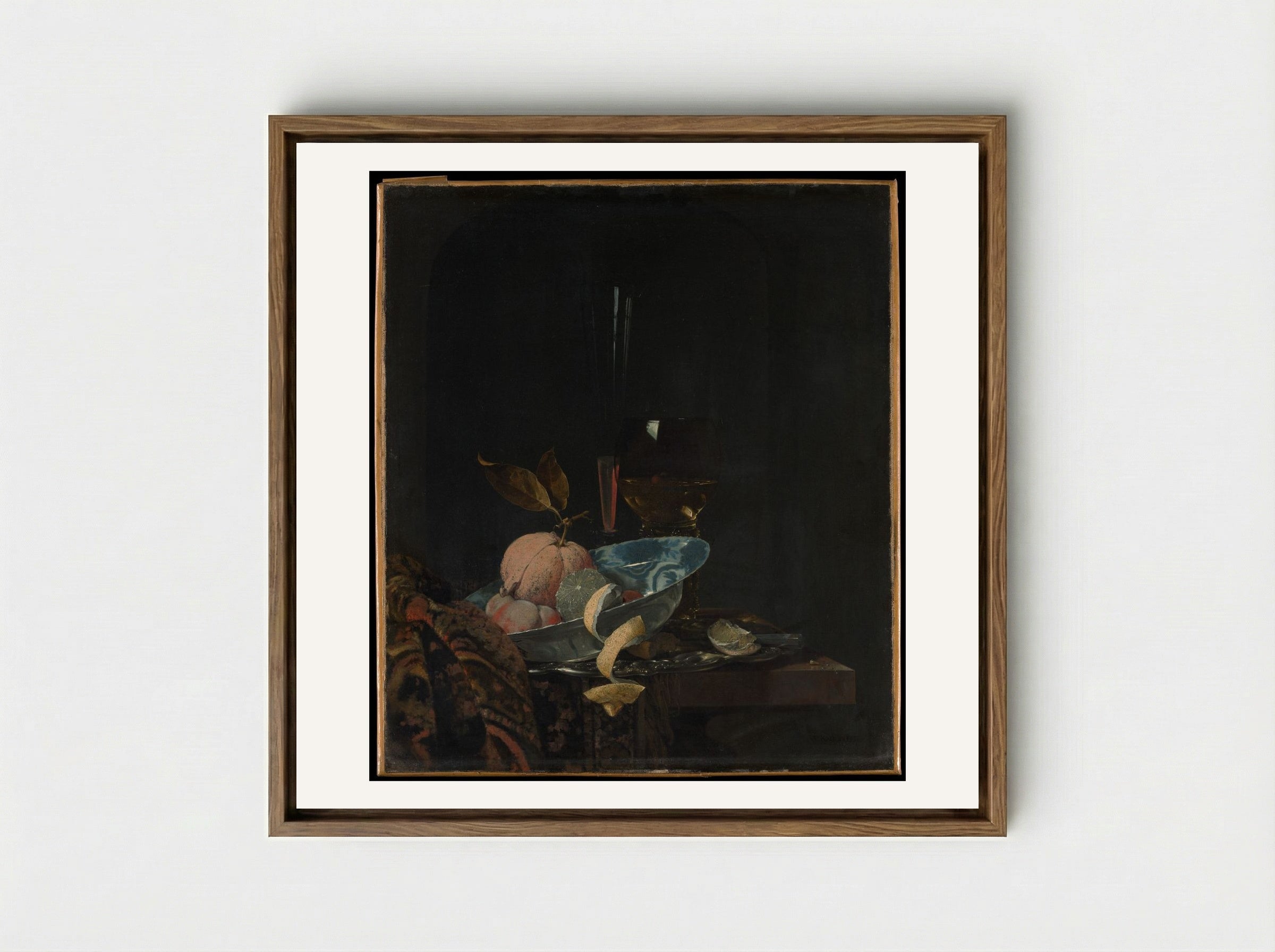 Still Life with Fruit, Glassware, and a Wanli Bowl - Willem Kalf - Framed Canvas Wood