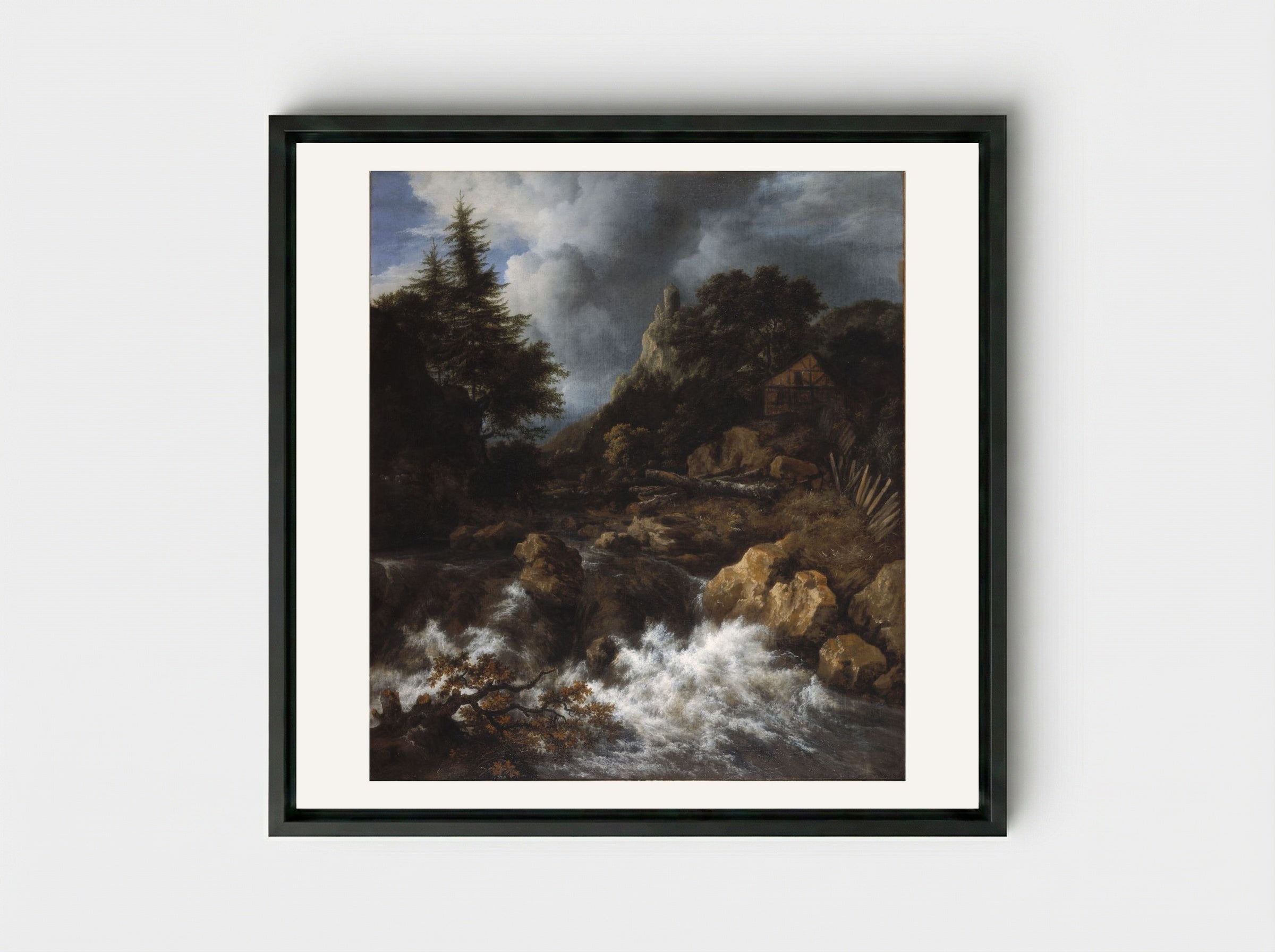 Waterfall with a Half-Timbered House and Castle - Jacob van Ruisdael - Framed Canvas Black