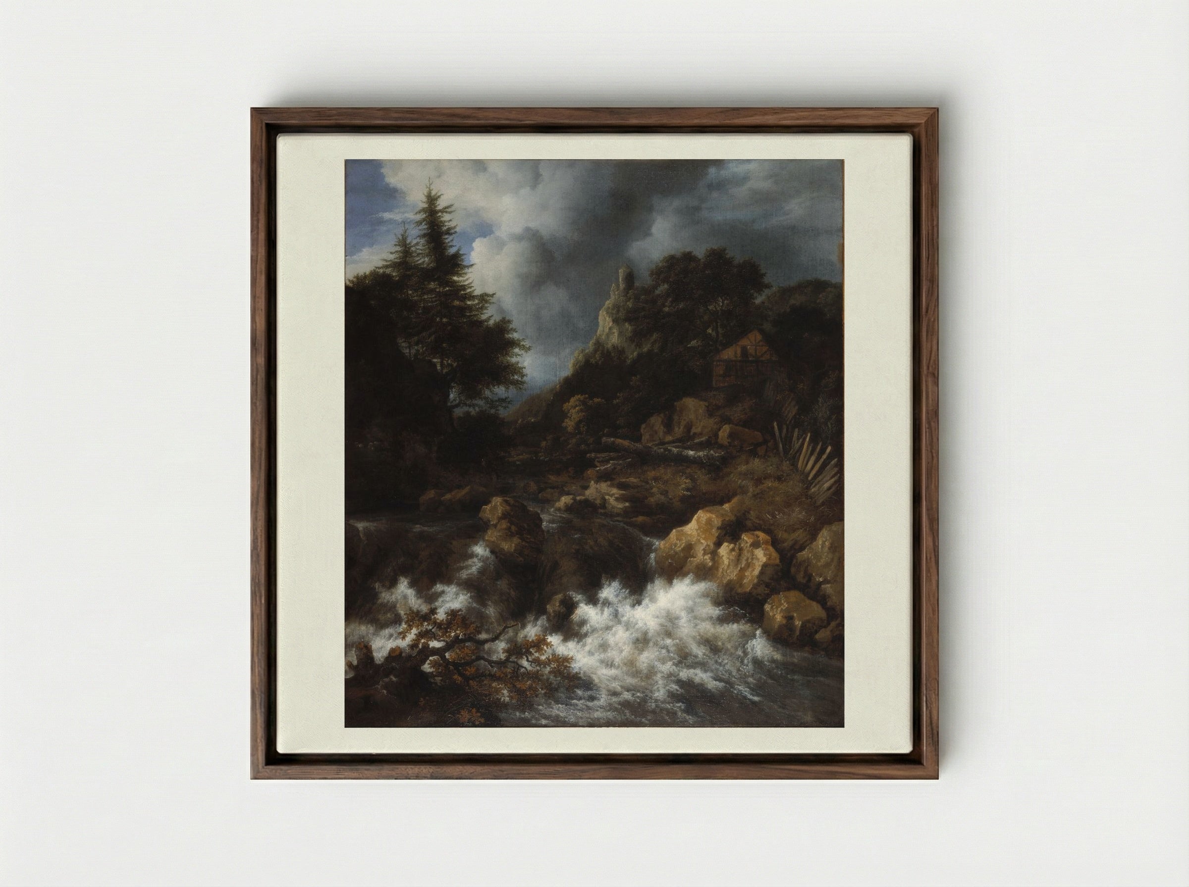 Waterfall with a Half-Timbered House and Castle - Jacob van Ruisdael - Framed Canvas Dark Wood