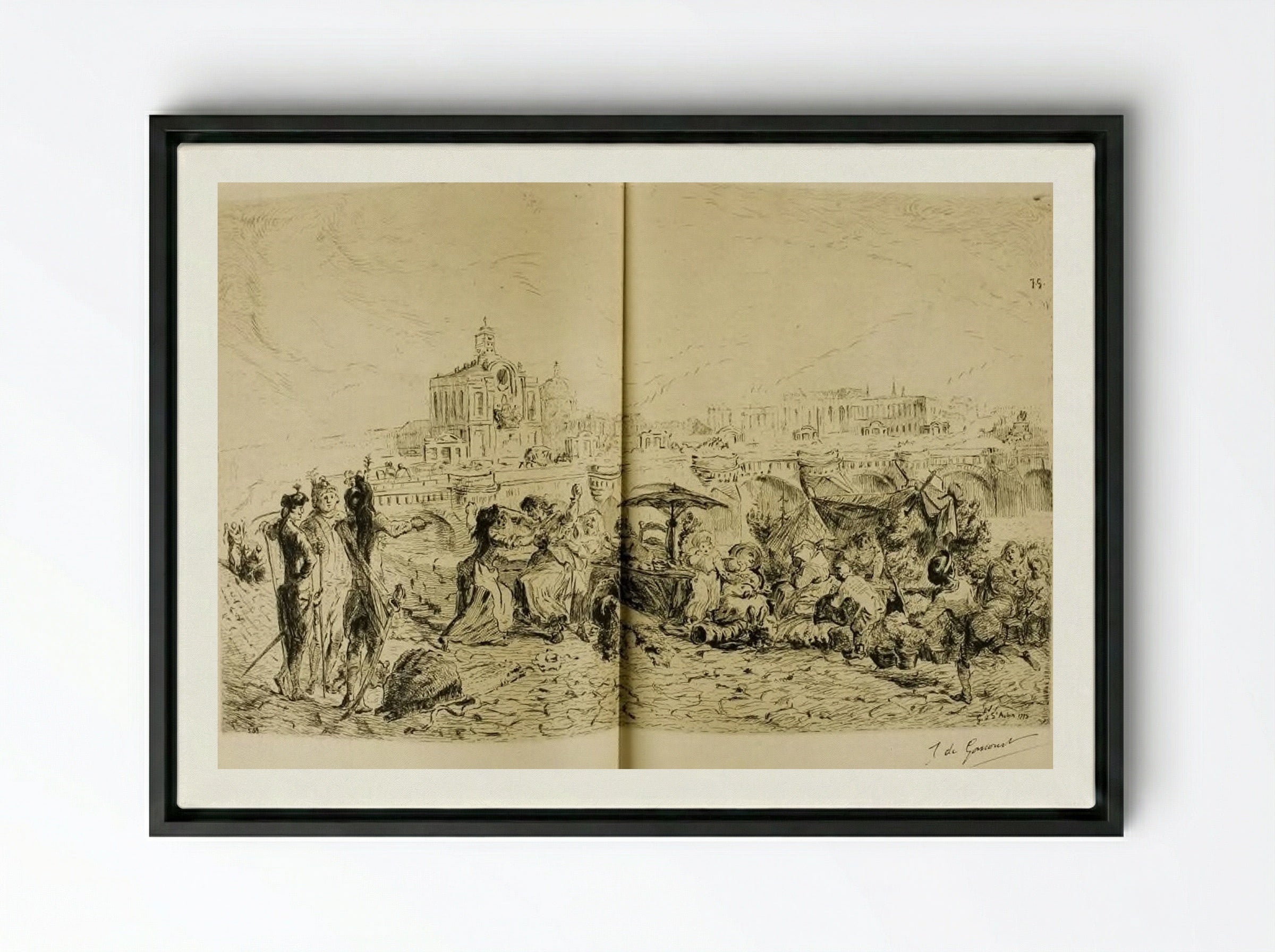 The Pont Neuf and the Samaritaine in 1775 - Jules de Goncourt - Framed Canvas Black