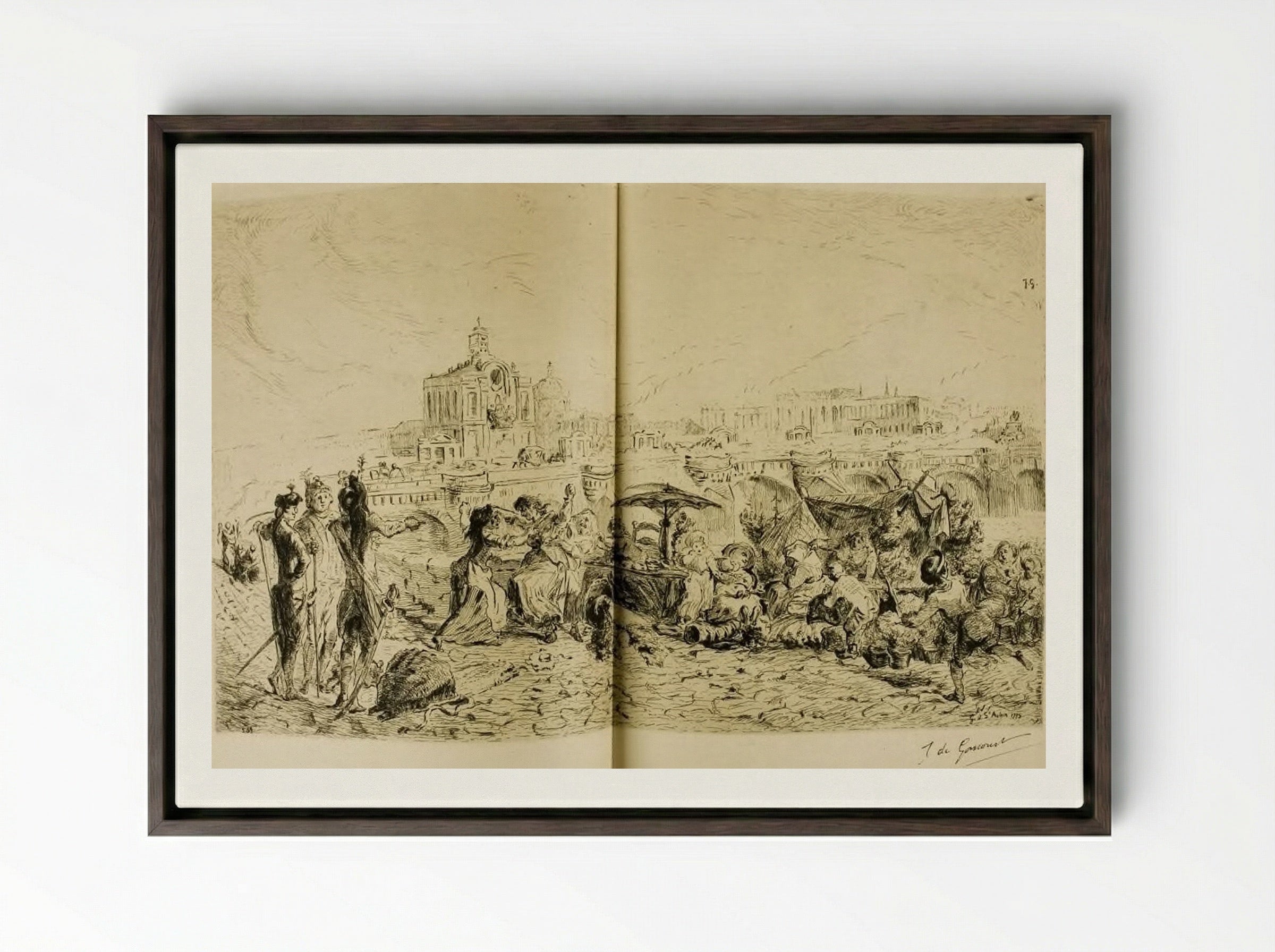 The Pont Neuf and the Samaritaine in 1775 - Jules de Goncourt - Framed Canvas Dark Wood