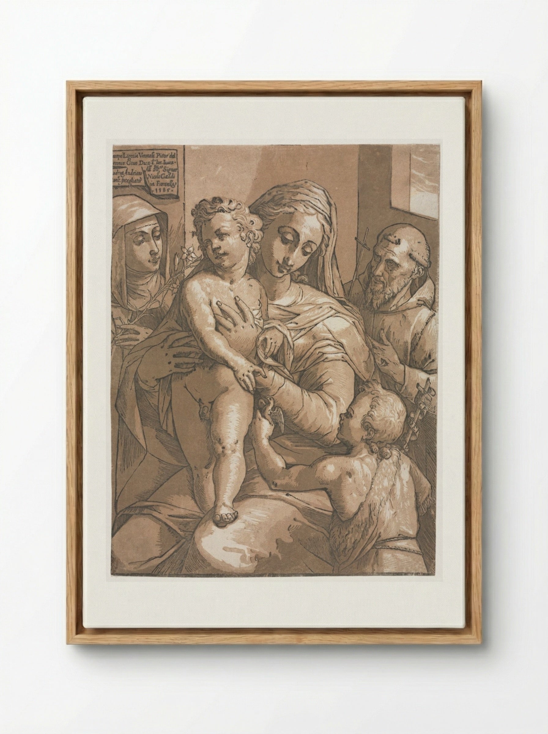 Virgin and Child with St. John, St. Catherine of Siena and St. Francis - Andrea Andreani - Framed Canvas Wood