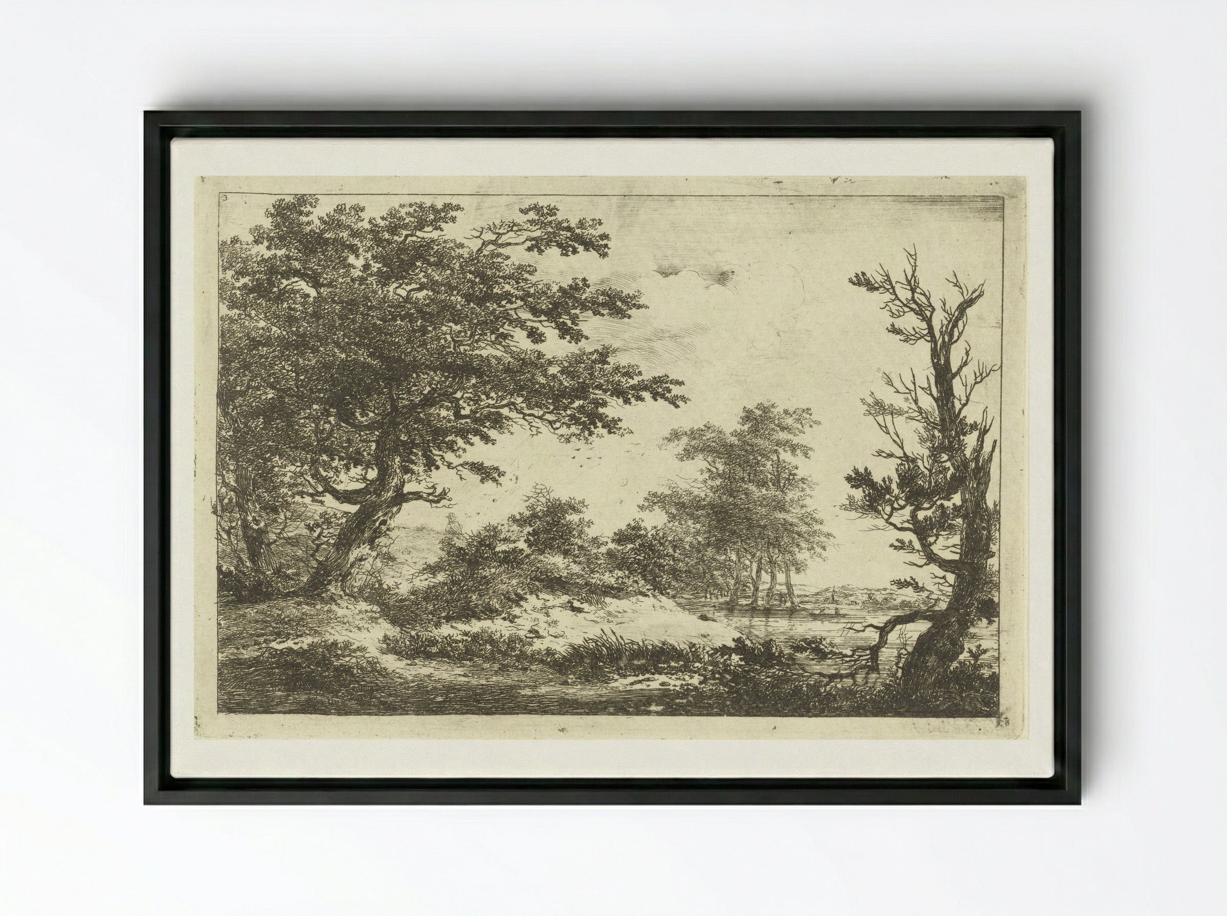Landschap met heuvel, water en bomen - Hermanus van Brussel - Framed Canvas Black