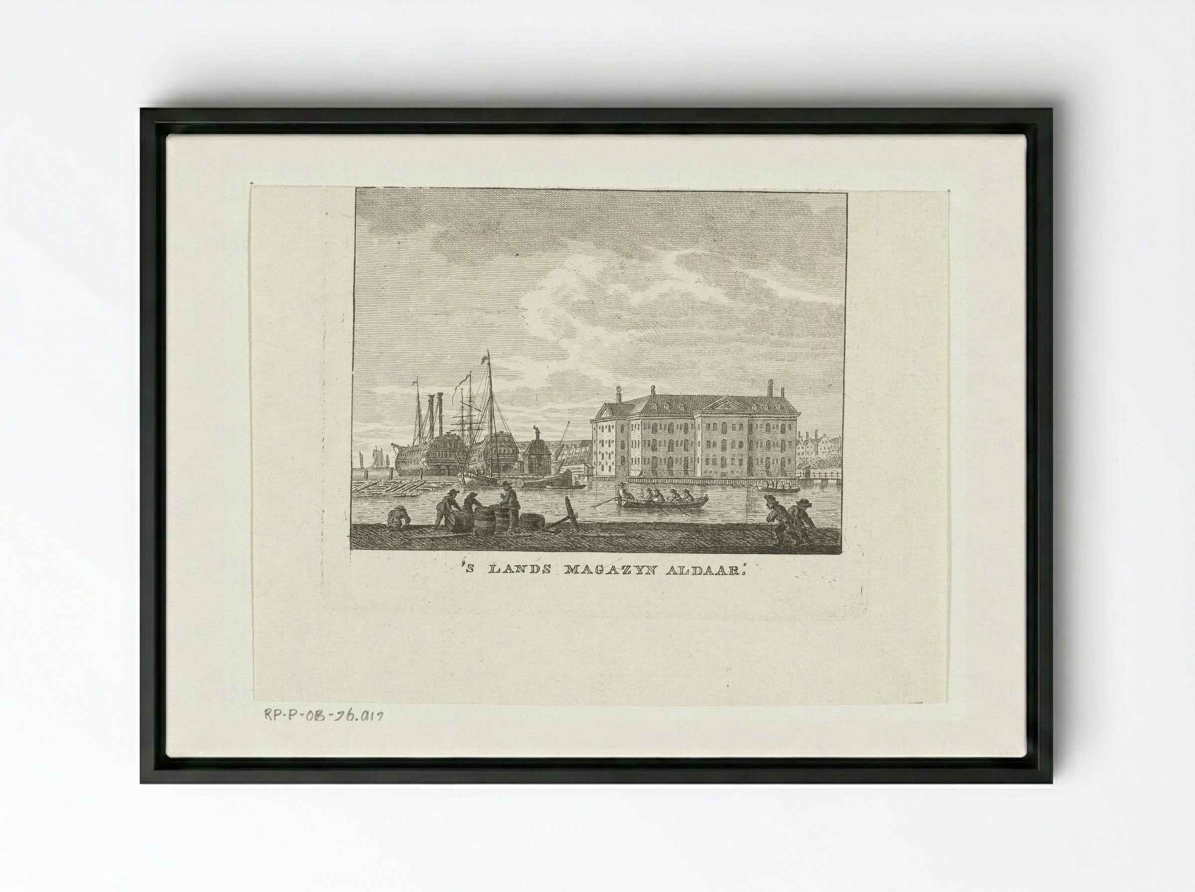 Stadsgezicht met zeemagazijn en haven met schepen te Amsterdam - Cornelis Brouwer - Framed Canvas Black