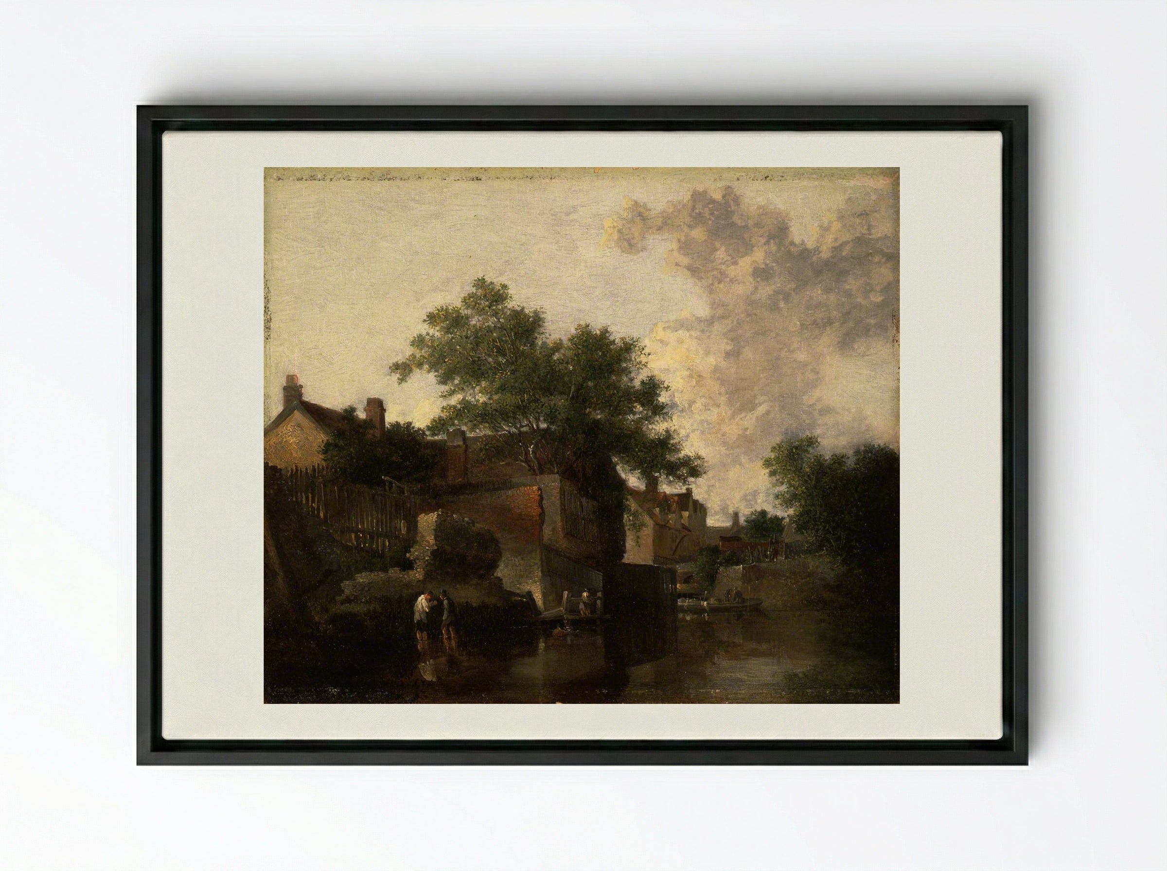 New Mills, Norfolk: Men Wading - John Crome - Framed Canvas Black