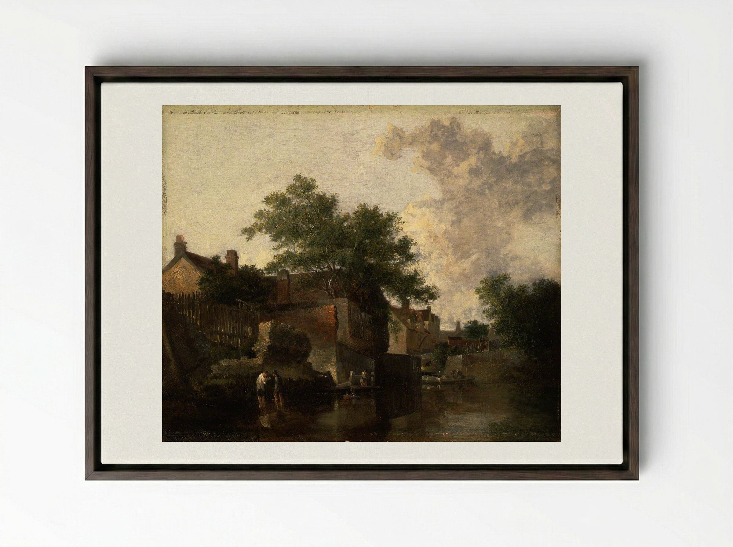 New Mills, Norfolk: Men Wading - John Crome - Framed Canvas Dark Wood