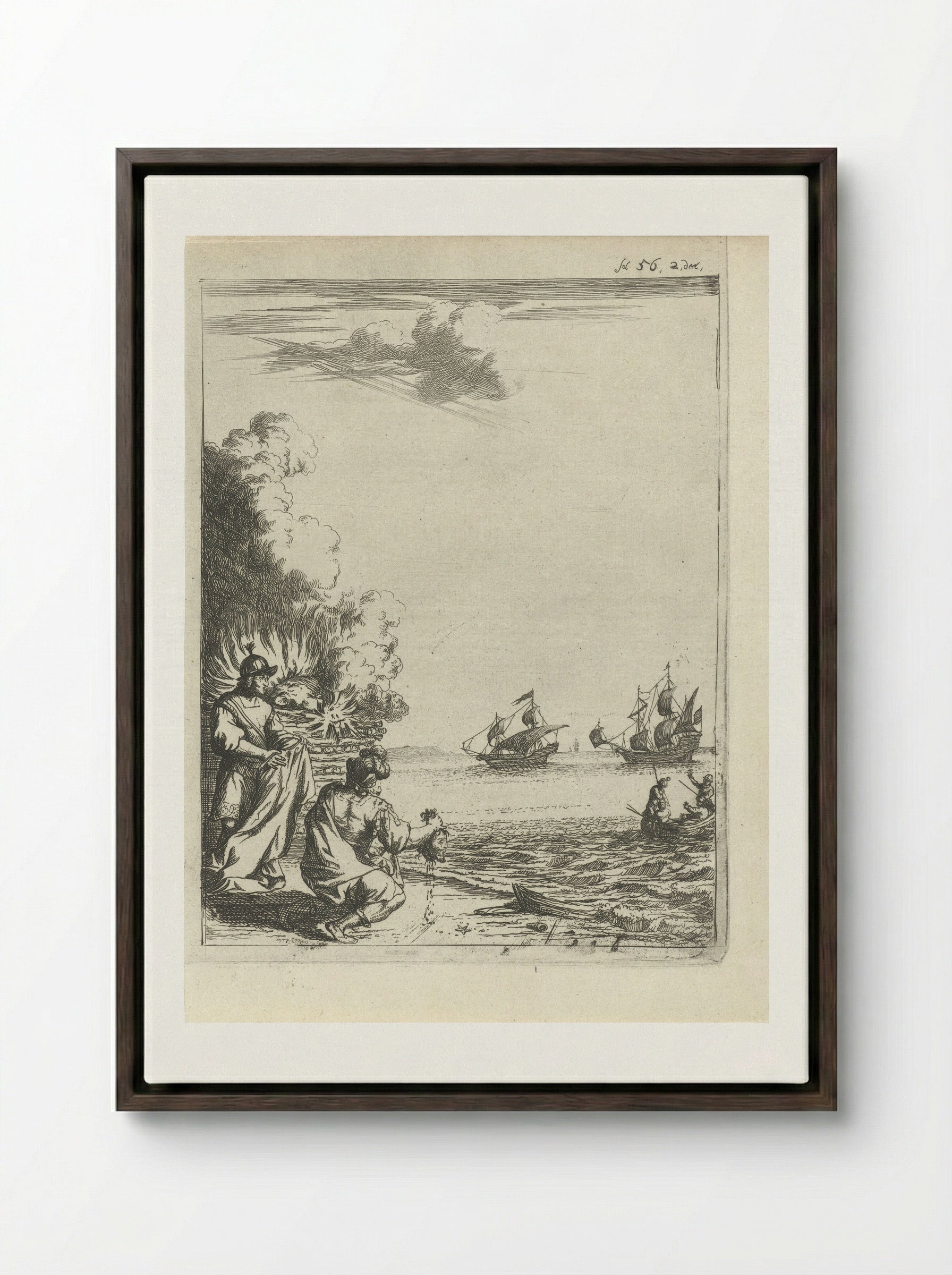The Cremation of the Beheaded Body of Pompey - Arnold Houbraken - Framed Canvas Dark Wood