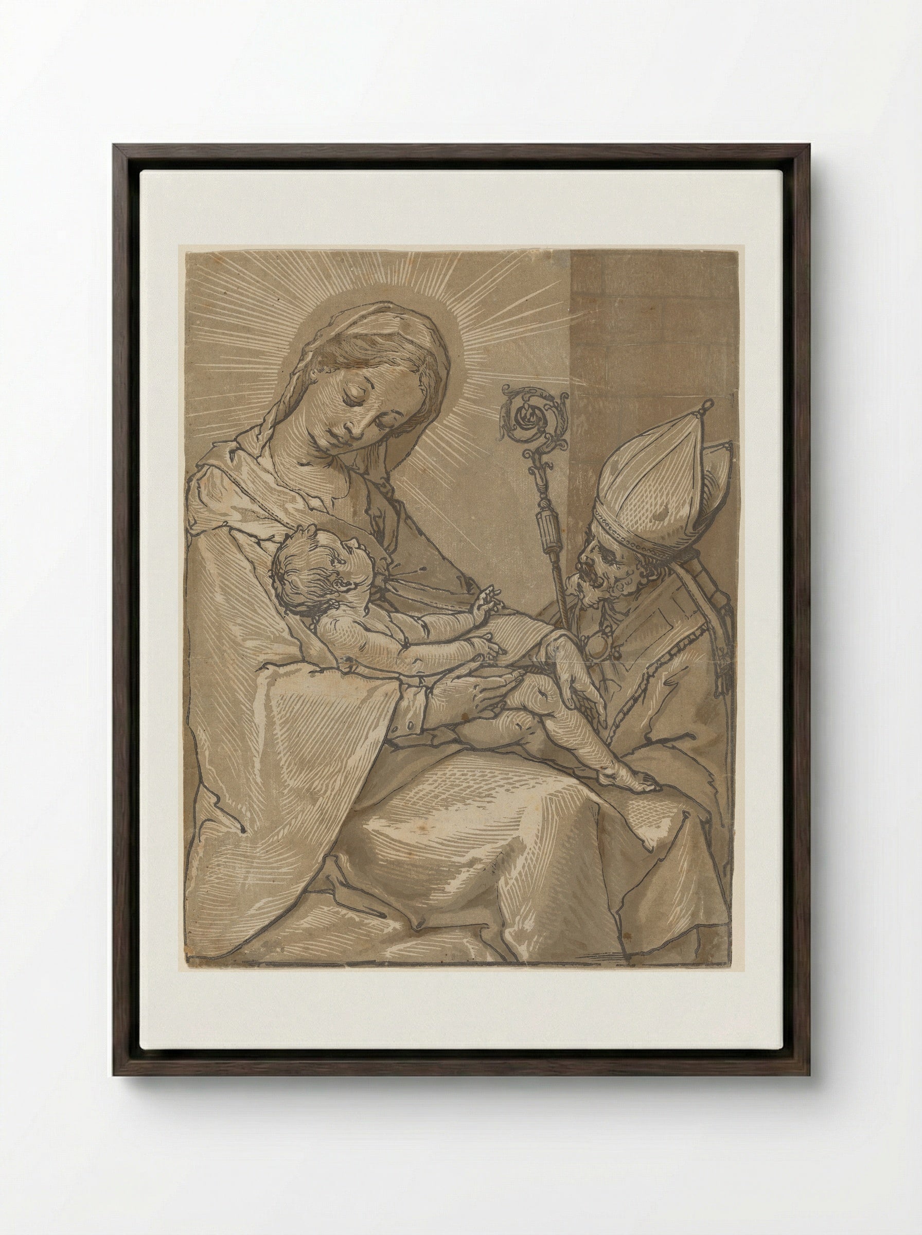 Madonna and Child with a Bishop - Andrea Andreani - Framed Canvas Dark Wood