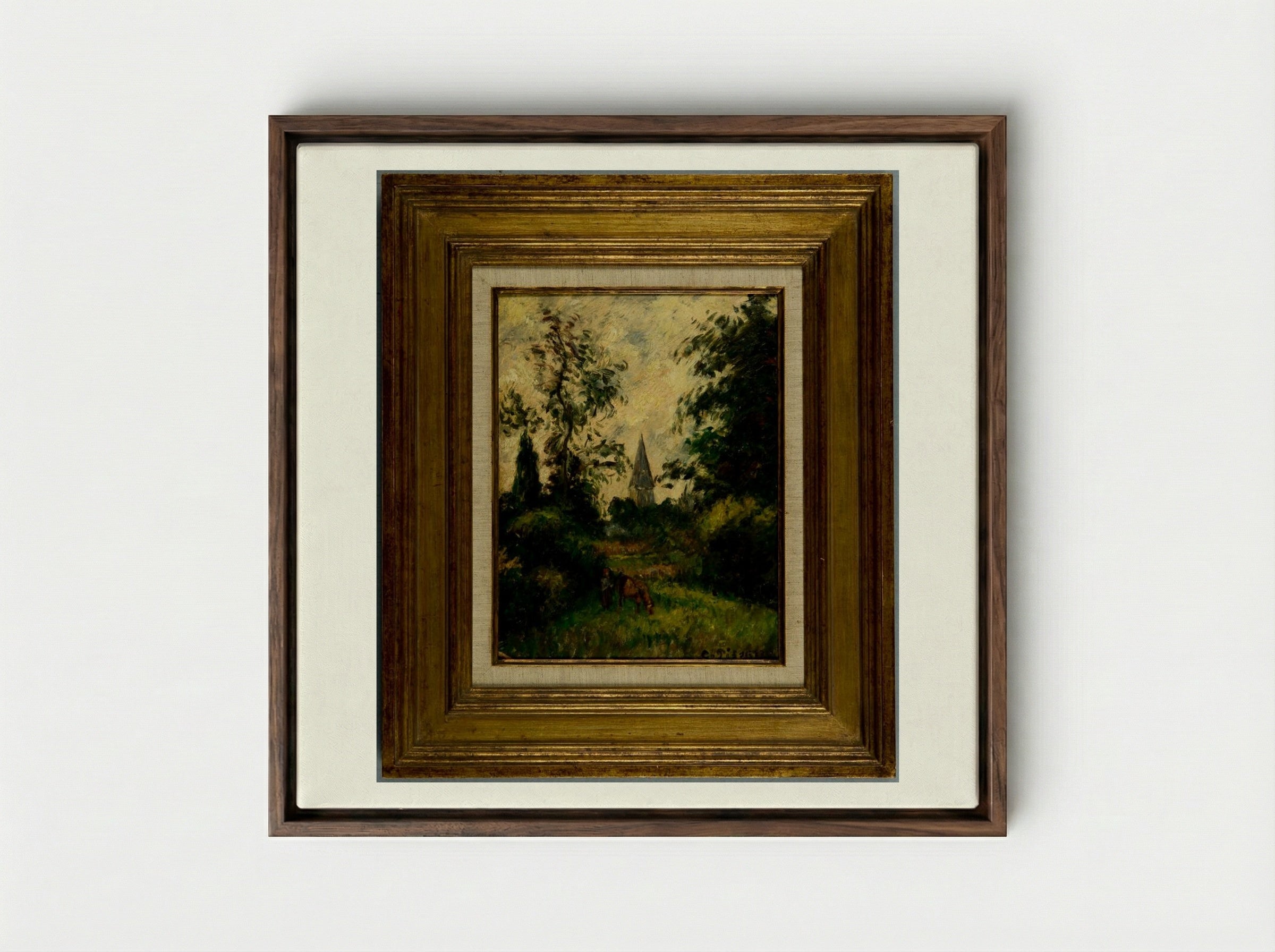 The Bell Tower at Bazancourt - Camille Pissarro - Framed Canvas Dark Wood