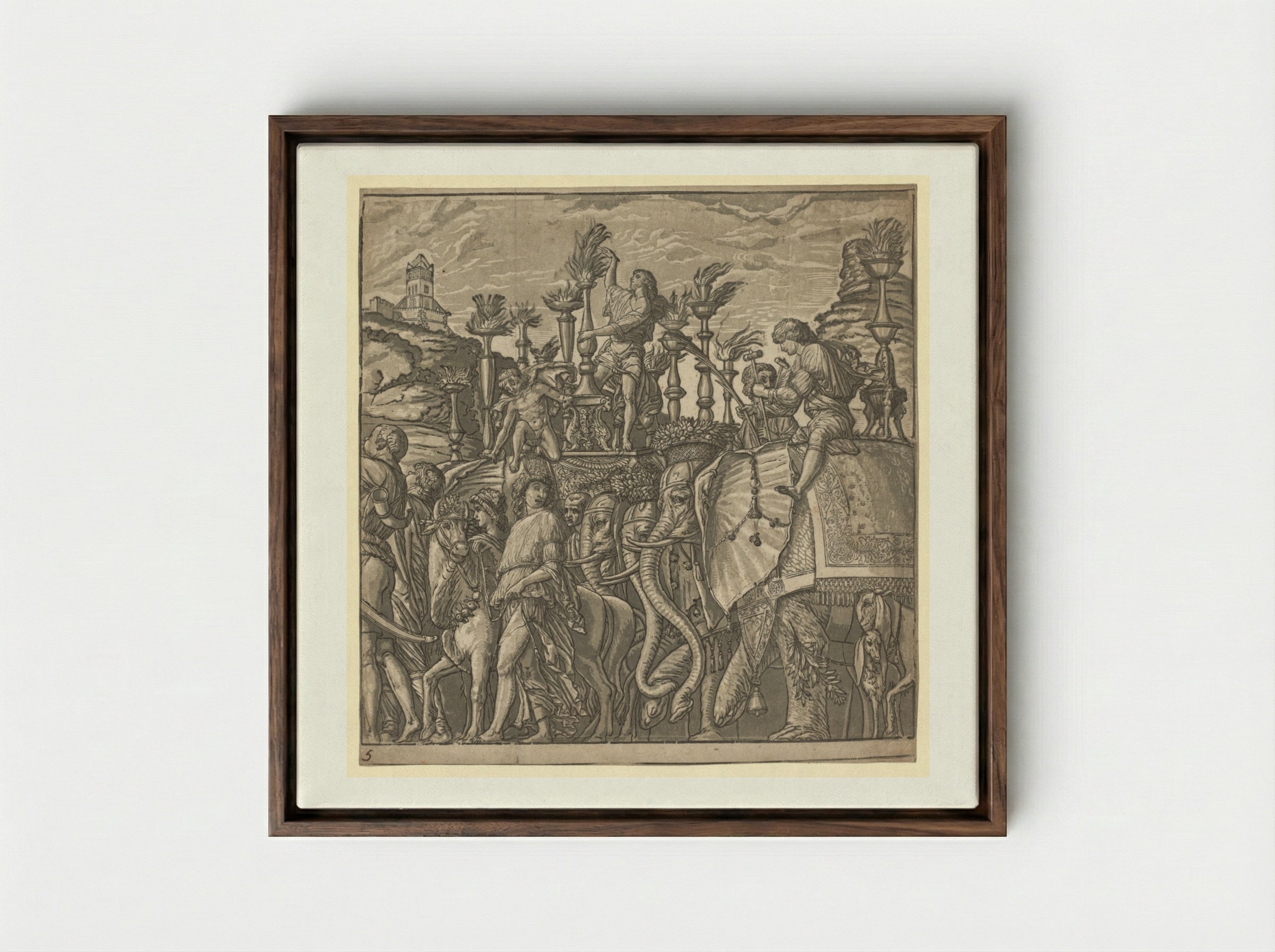 The Triumph of Julius Caesar: Elephants Carrying Torches - Andrea Andreani - Framed Canvas Dark Wood