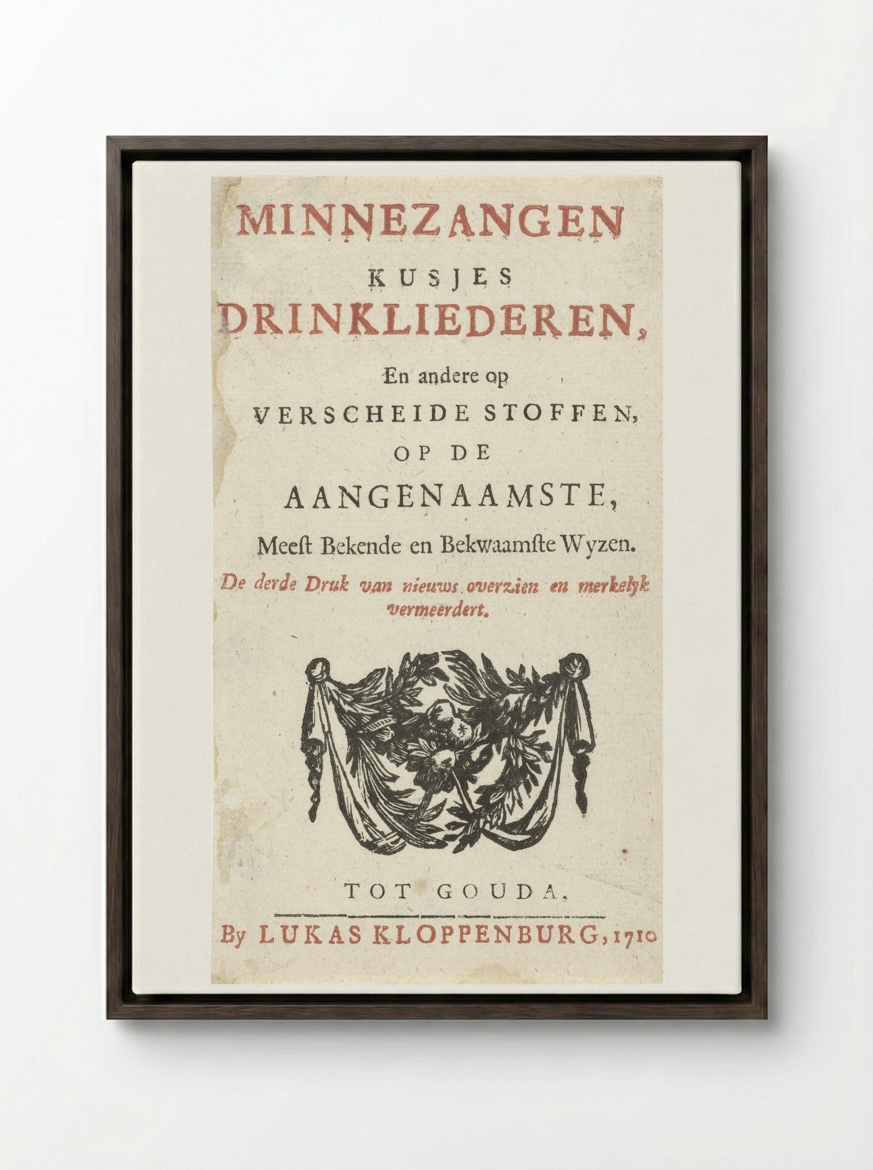 Title Page for Minnezangen, Kusjes, Drinkliederen - Arnold Houbraken - Framed Canvas Dark Wood