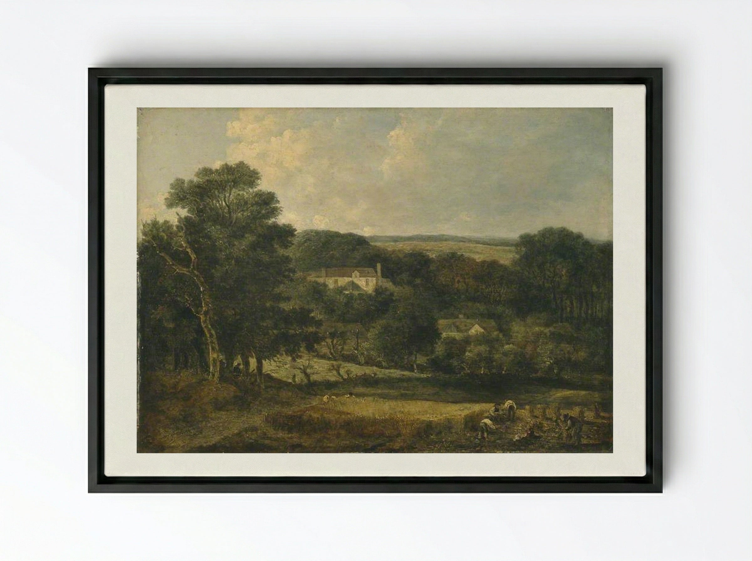View near Norwich with Harvesters - John Crome - Framed Canvas Black