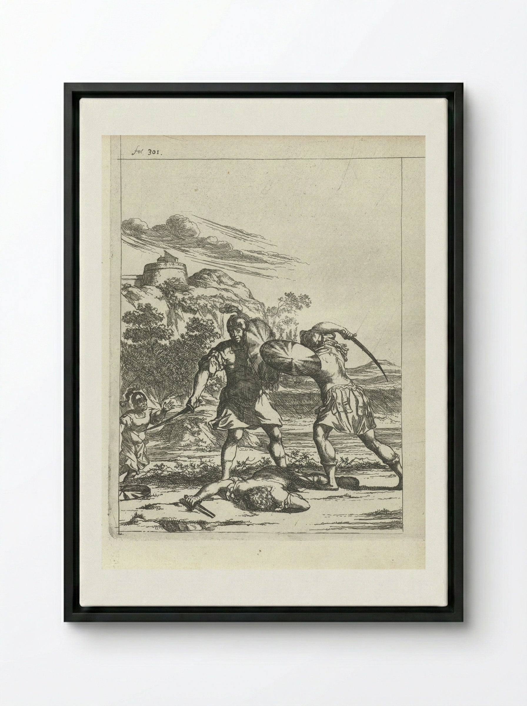 Attilus wordt door een zoon van zijn krijgsman gedood - Arnold Houbraken - Framed Canvas Black