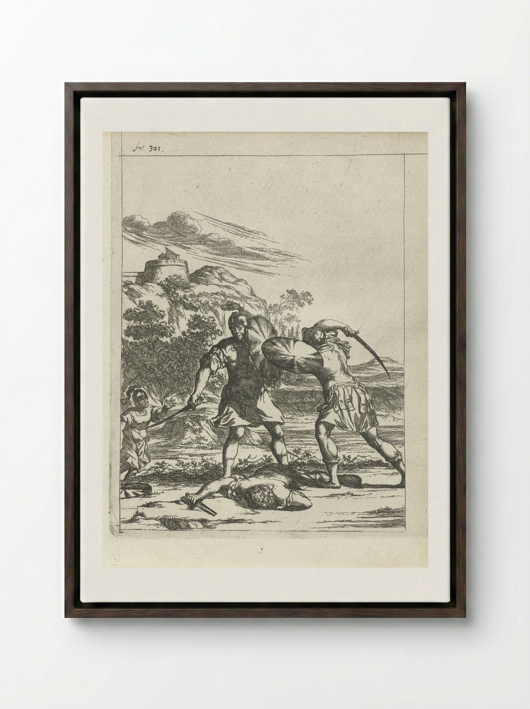 Attilus wordt door een zoon van zijn krijgsman gedood - Arnold Houbraken - Framed Canvas Dark Wood