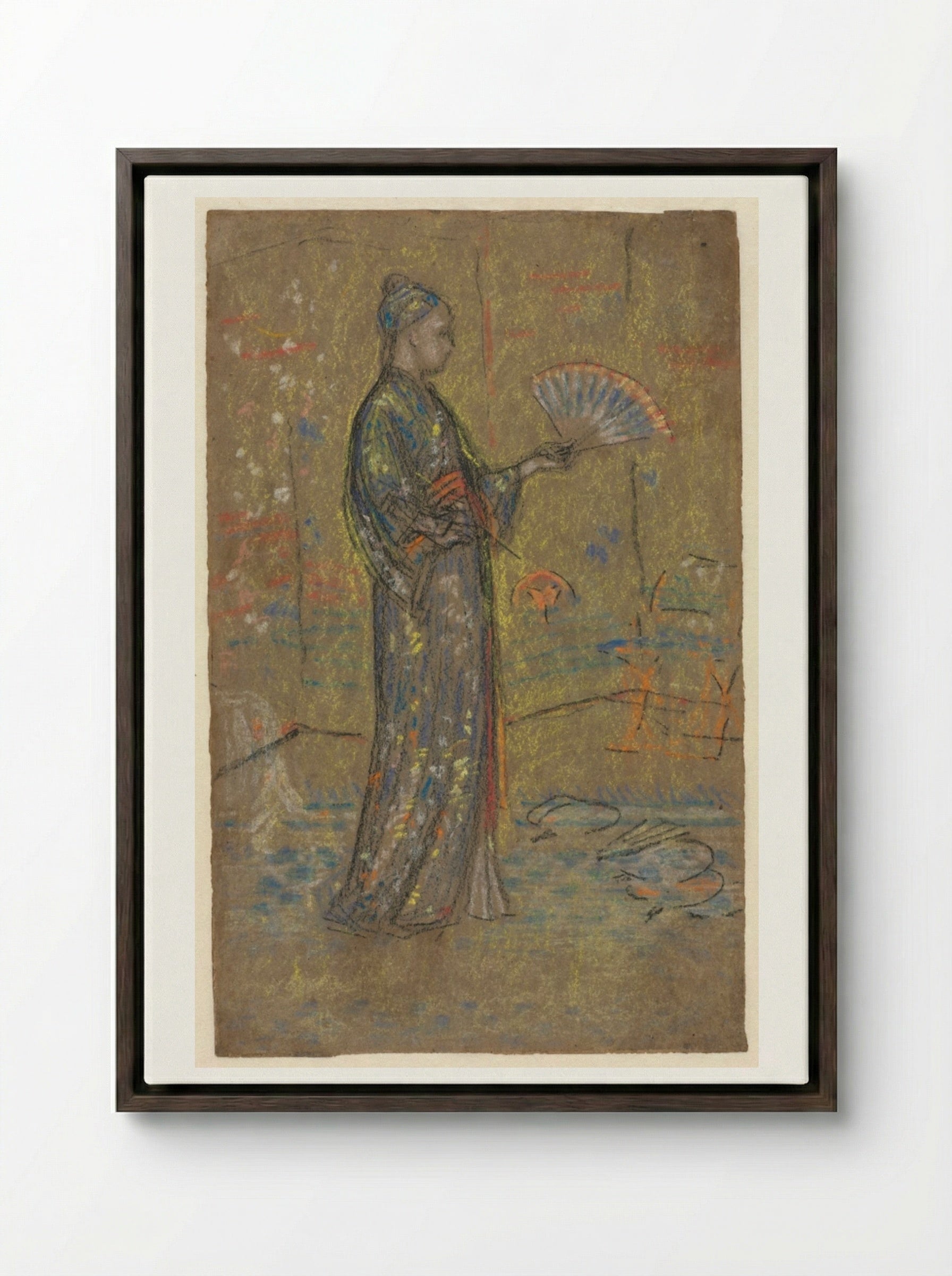 Japanese Woman Painting a Fan (recto) - James McNeill Whistler - Framed Canvas Dark Wood