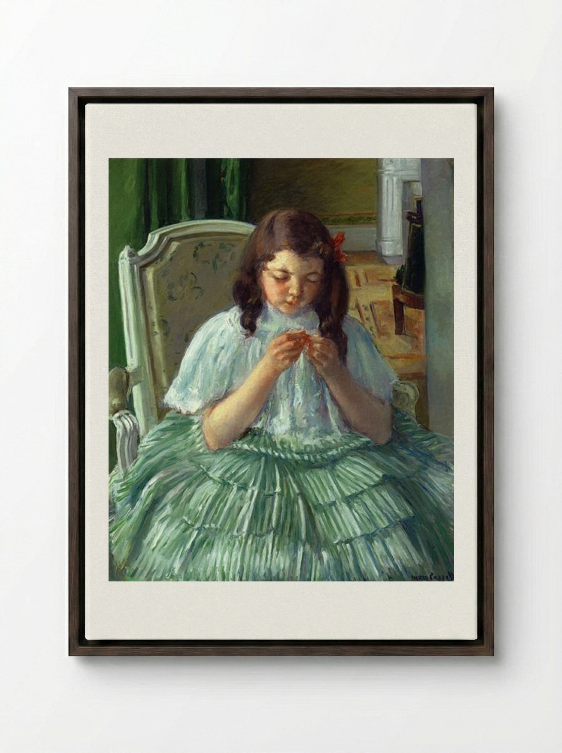 Françoise in Green, Sewing - Mary Cassatt - Framed Canvas Dark Wood