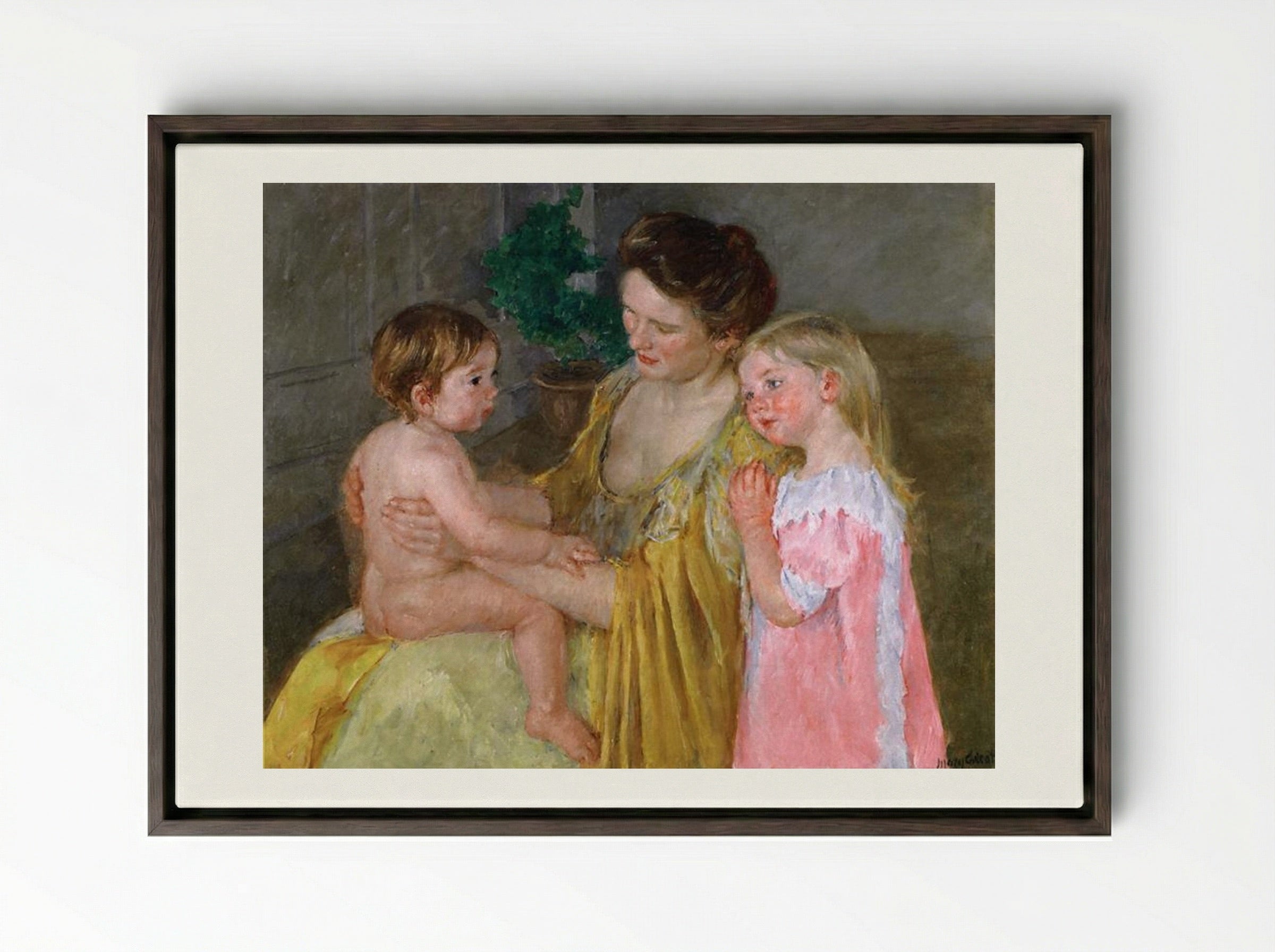 Mother and Two Children - Mary Cassatt - Framed Canvas Dark Wood