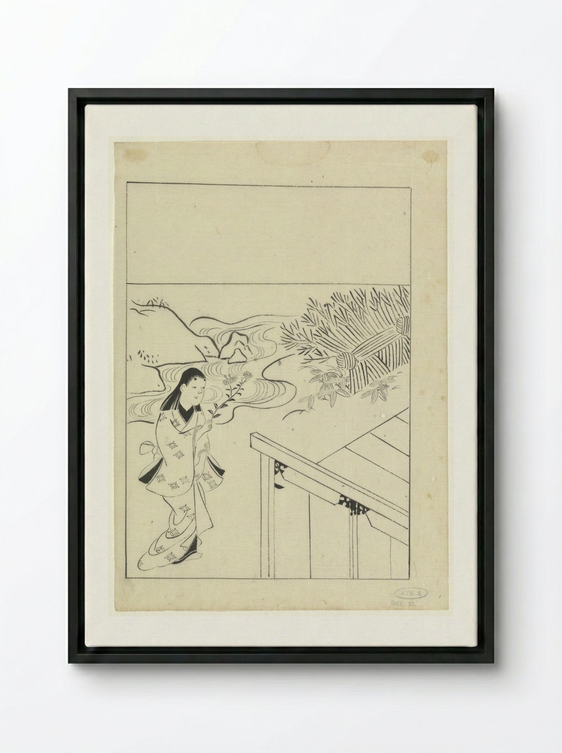 Woman with a Flowering Branch in a Garden - Hishikawa Moronobu - Framed Canvas Black