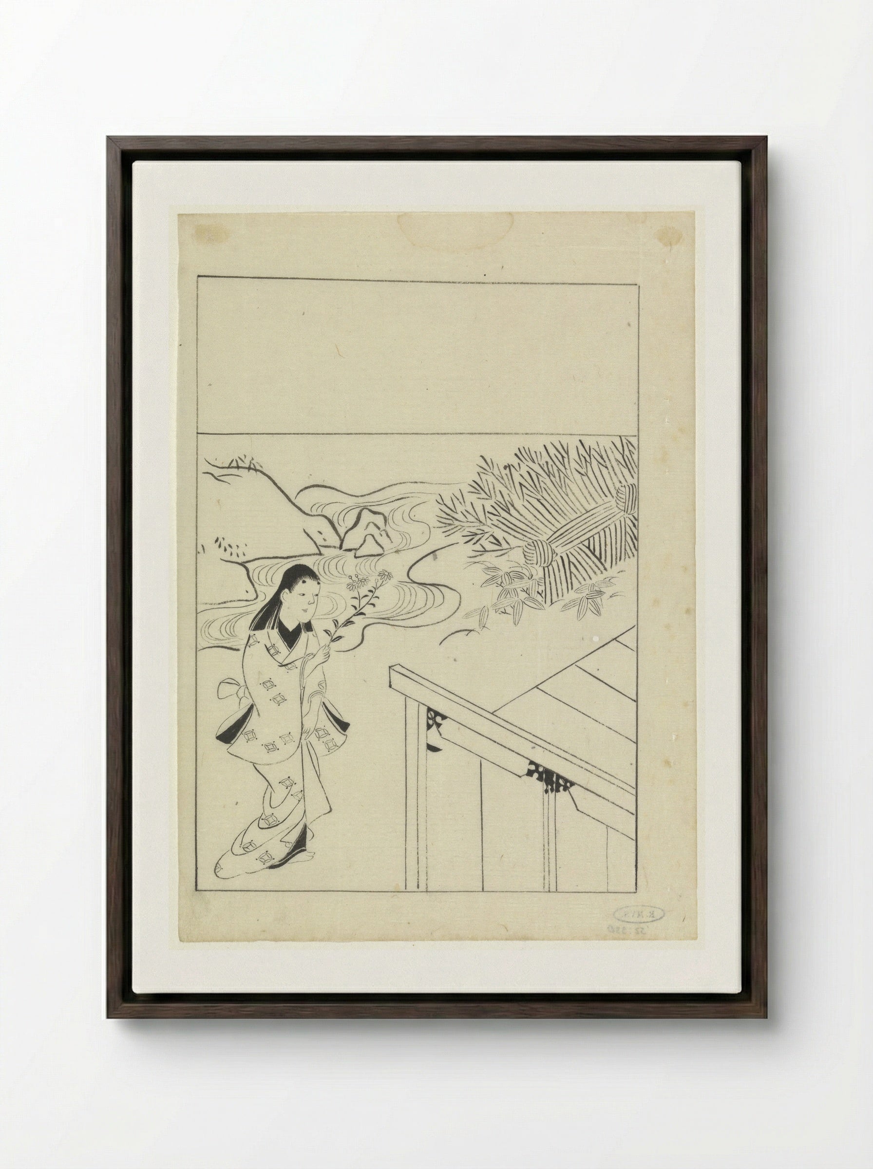 Woman with a Flowering Branch in a Garden - Hishikawa Moronobu - Framed Canvas Dark Wood