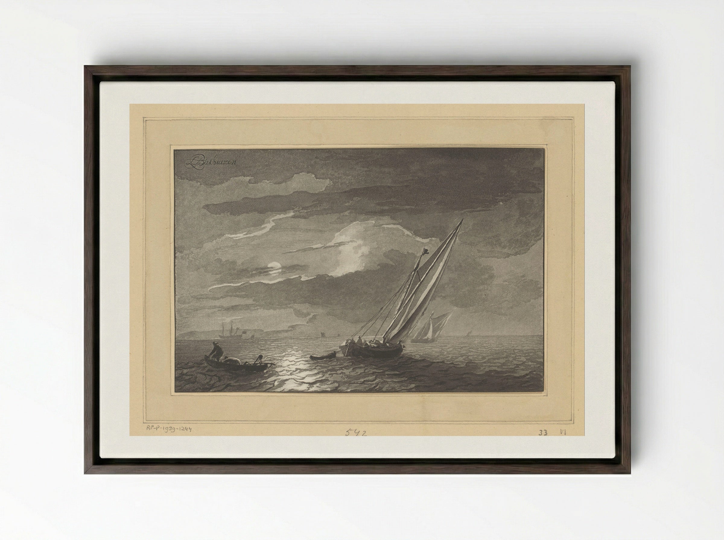Zeegezicht met volle maan - Cornelis Brouwer - Framed Canvas Dark Wood