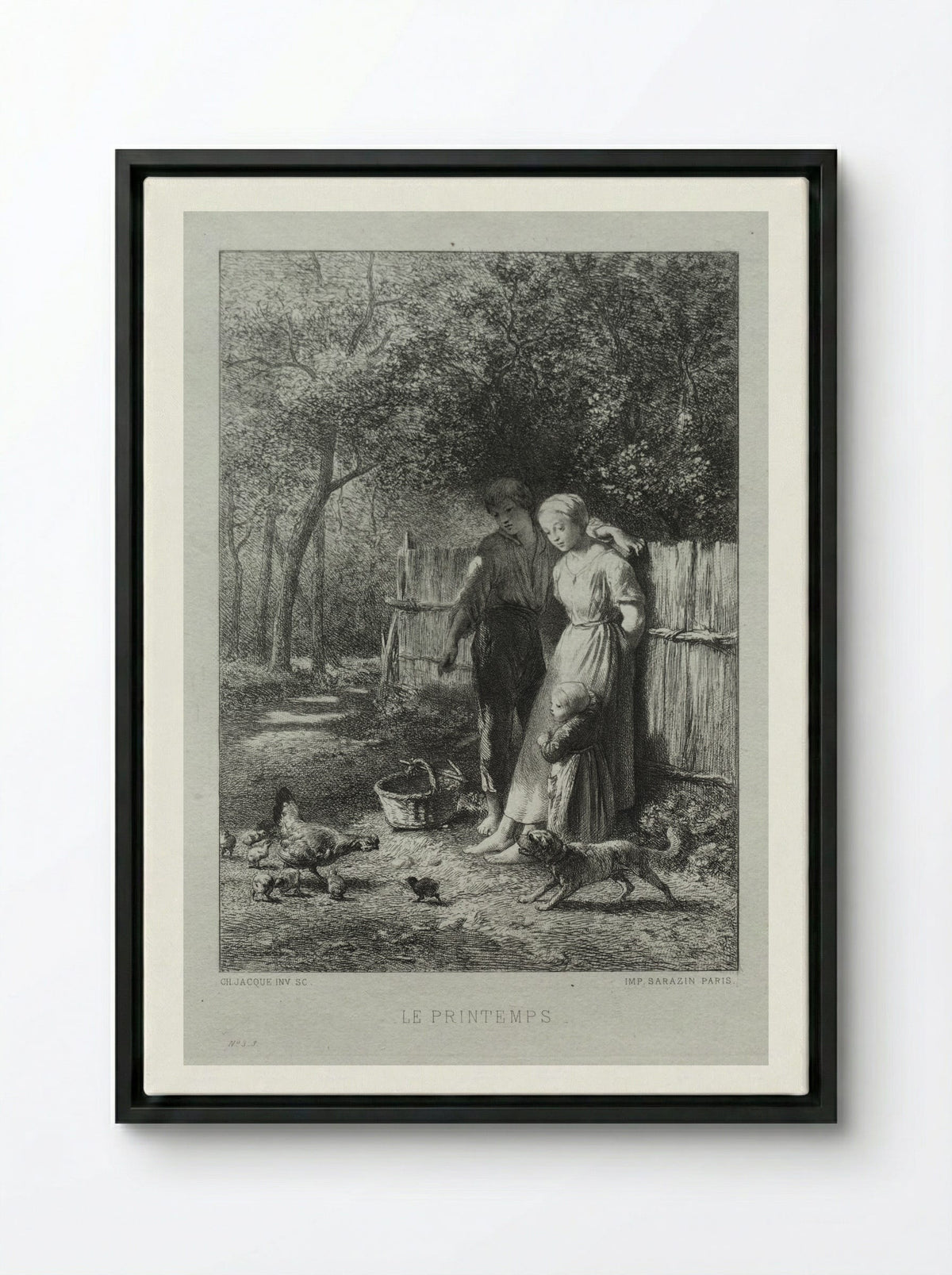 Le Printemps (Springtime) - Charles Jacque - Framed Canvas Black