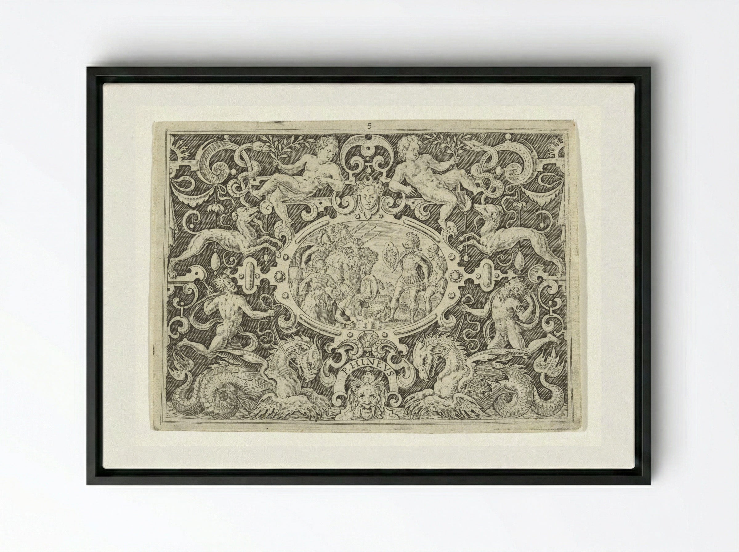 Cartouche: Perseus toont zijn Medusaschild aan Phineus - Abraham de Bruyn - Framed Canvas Black
