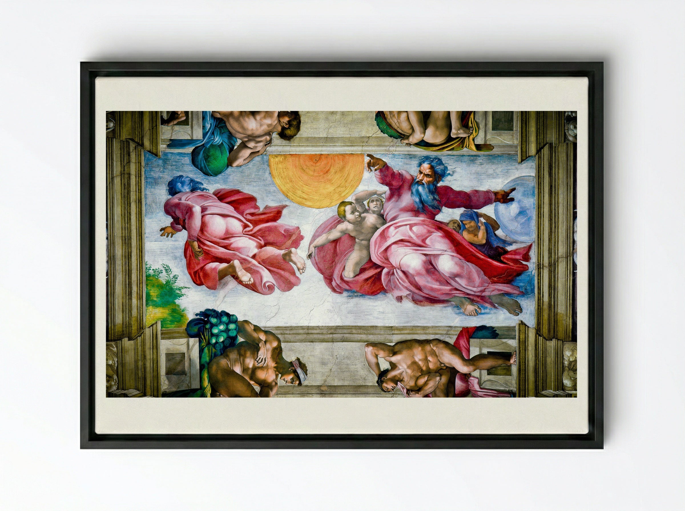 The Creation of the Sun and Moon - Michelangelo Buonarroti - Framed Canvas Black