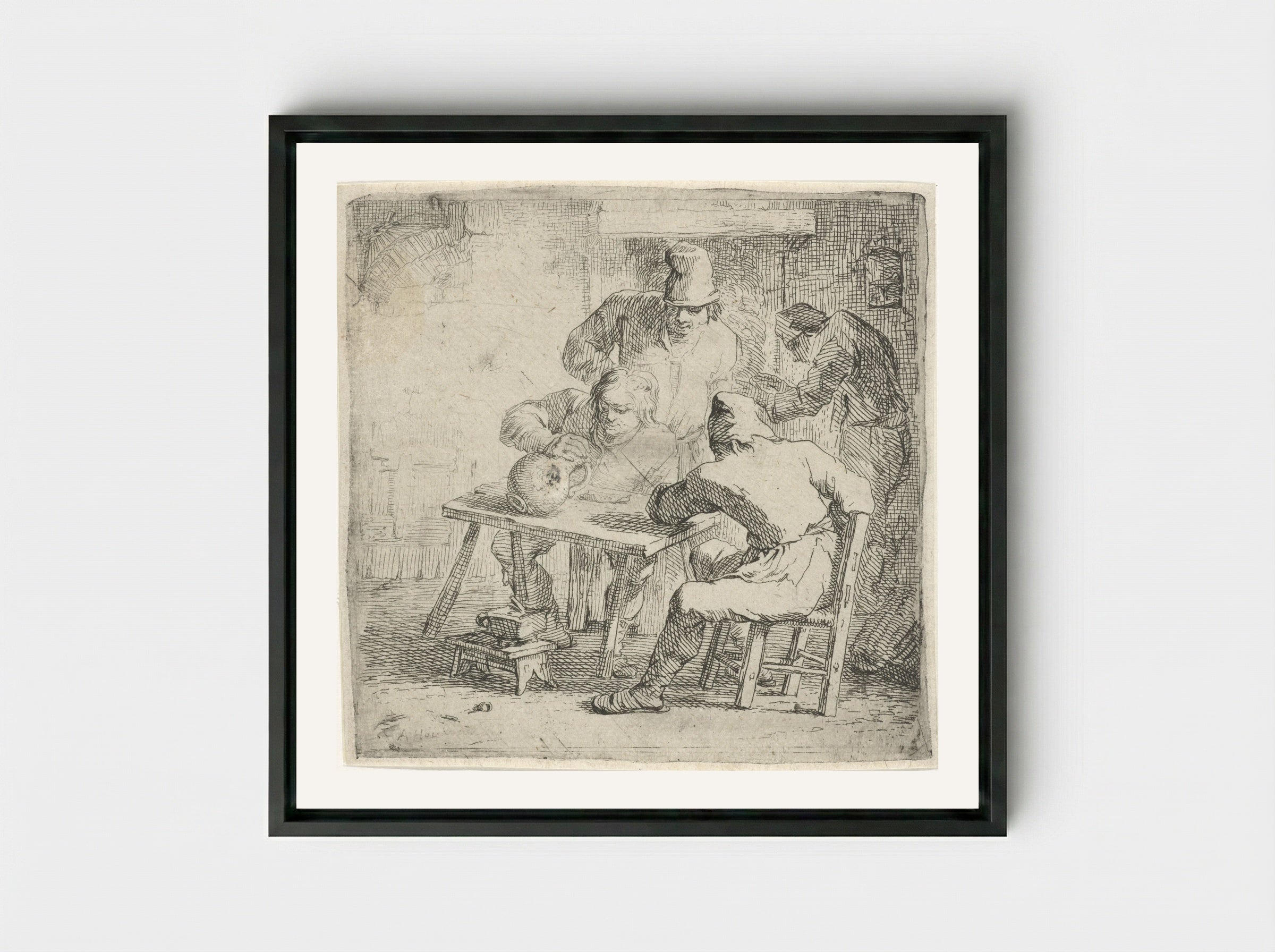 Vier boeren in een interieur - Arnold Houbraken - Framed Canvas Black