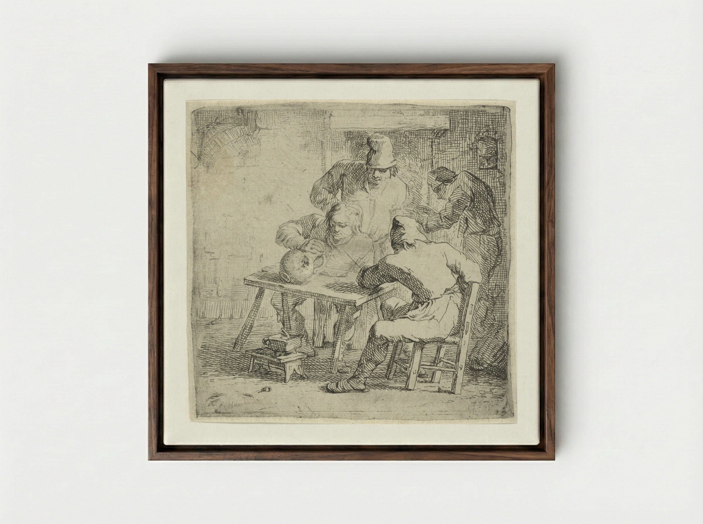 Vier boeren in een interieur - Arnold Houbraken - Framed Canvas Dark Wood
