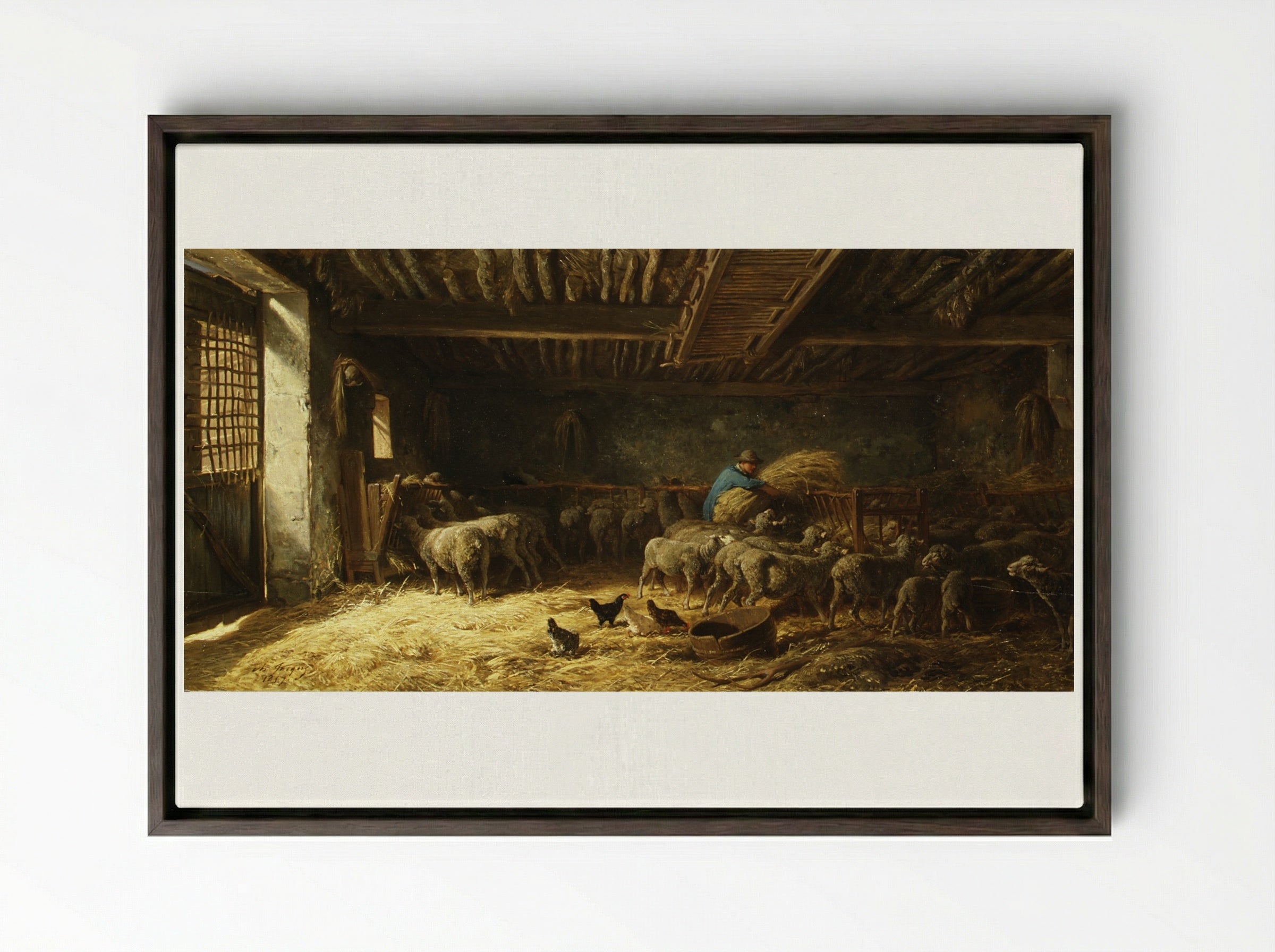 The Sheepfold - Charles Jacque - Framed Canvas Dark Wood