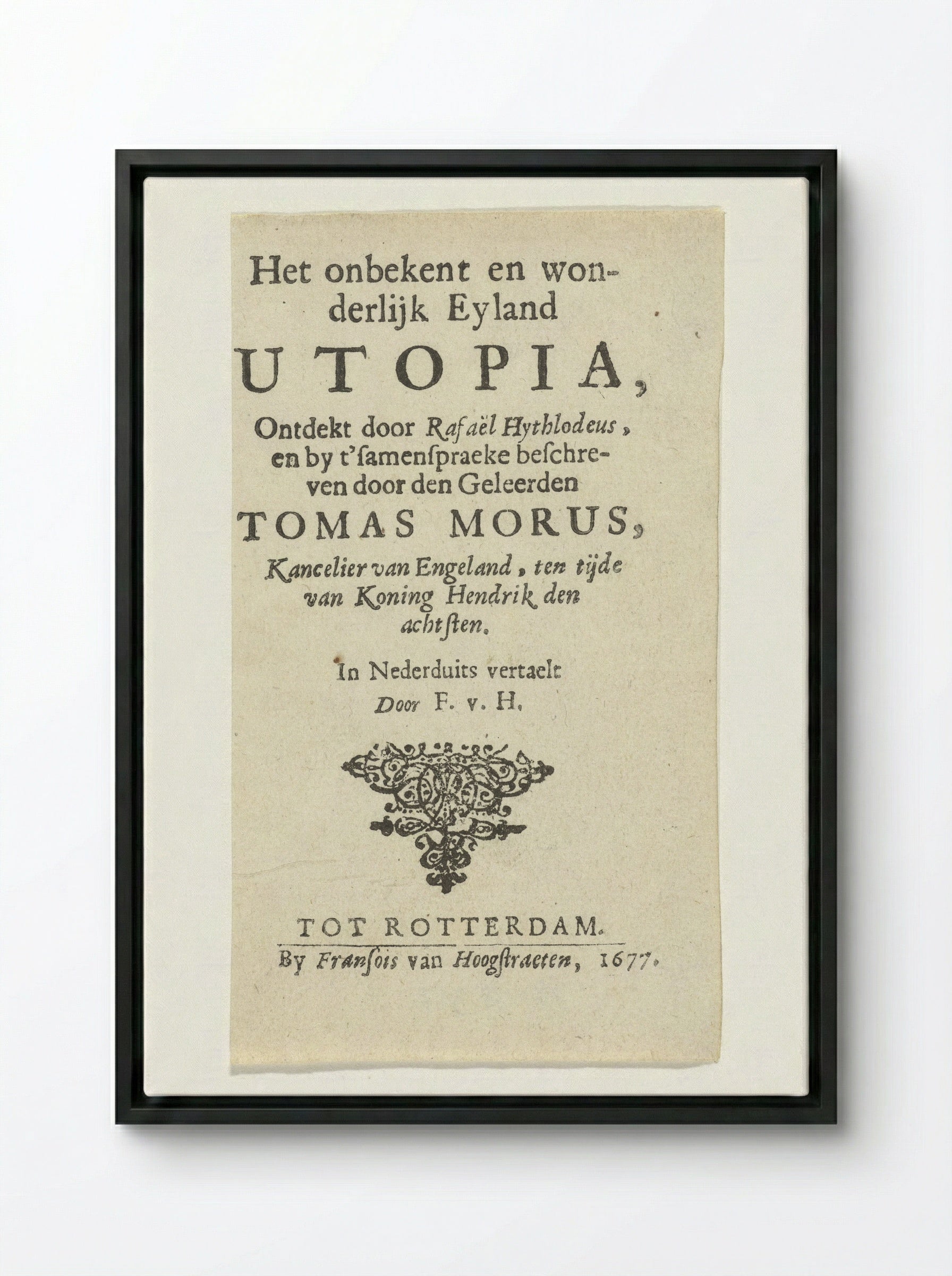 Title Page for Thomas More's Utopia - Arnold Houbraken - Framed Canvas Black