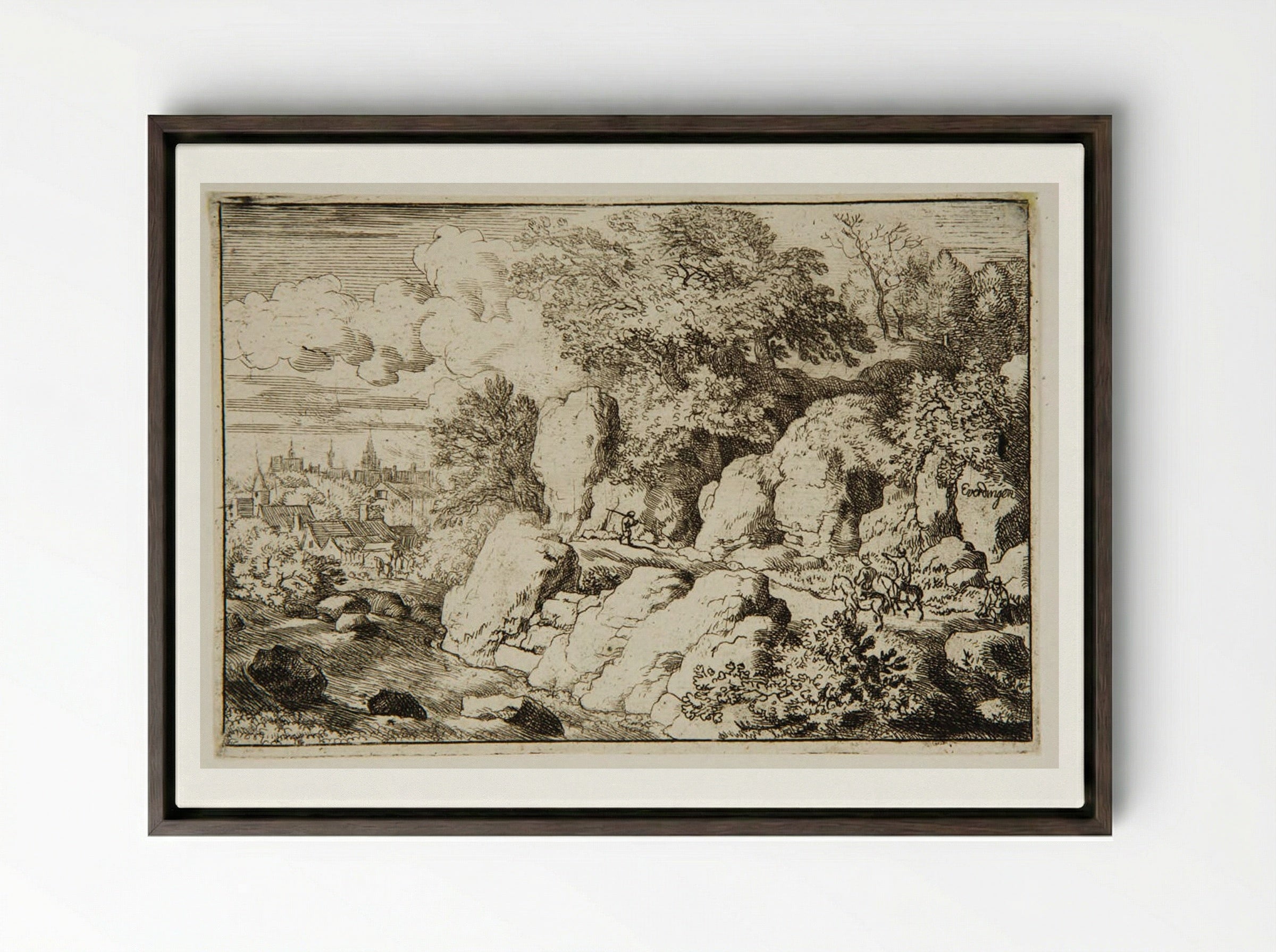 Two Men Riding Along Rocks - Allart van Everdingen - Framed Canvas Dark Wood