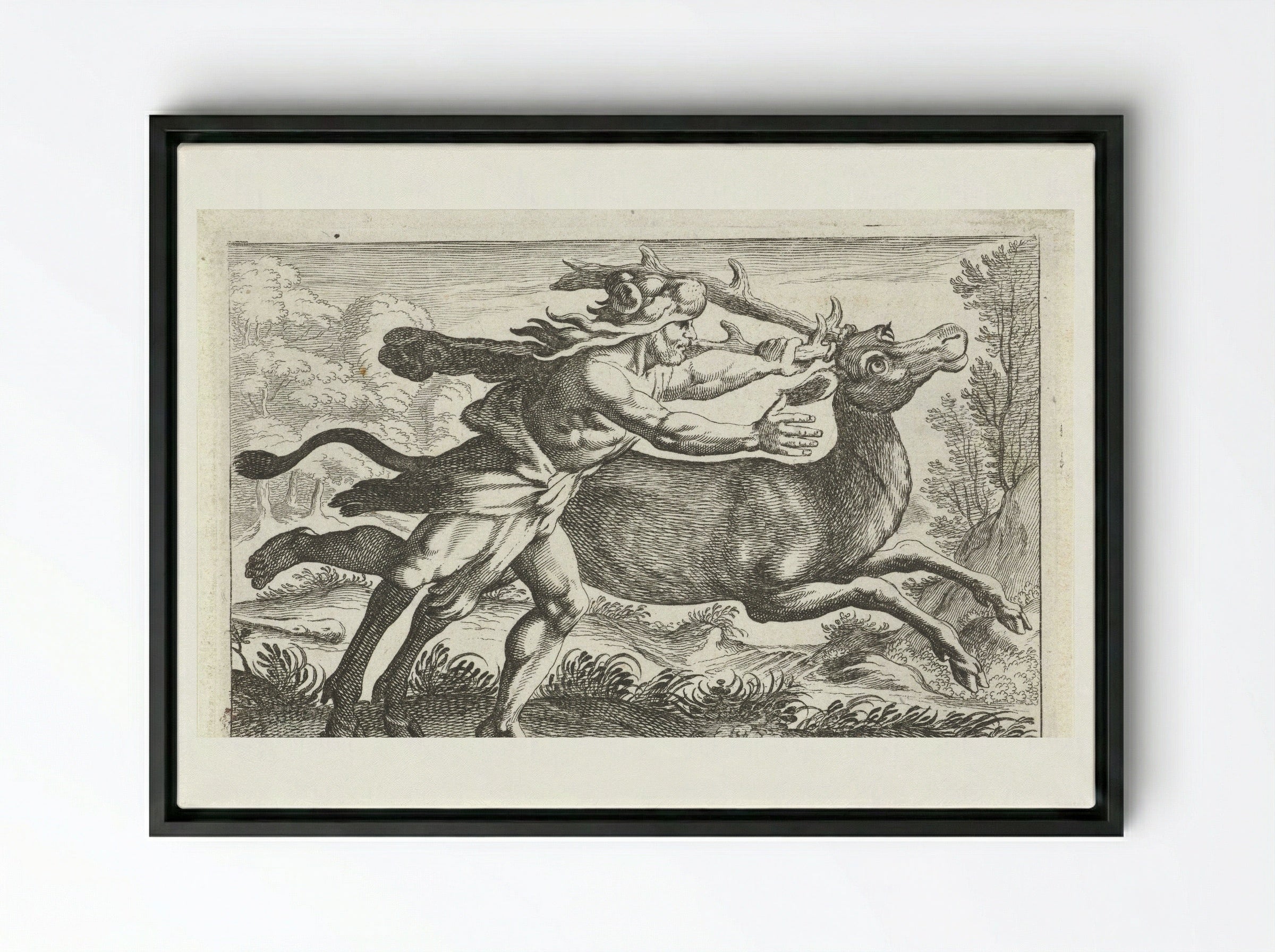 Hercules Capturing the Ceryneian Hind - Simon Frisius - Framed Canvas Black
