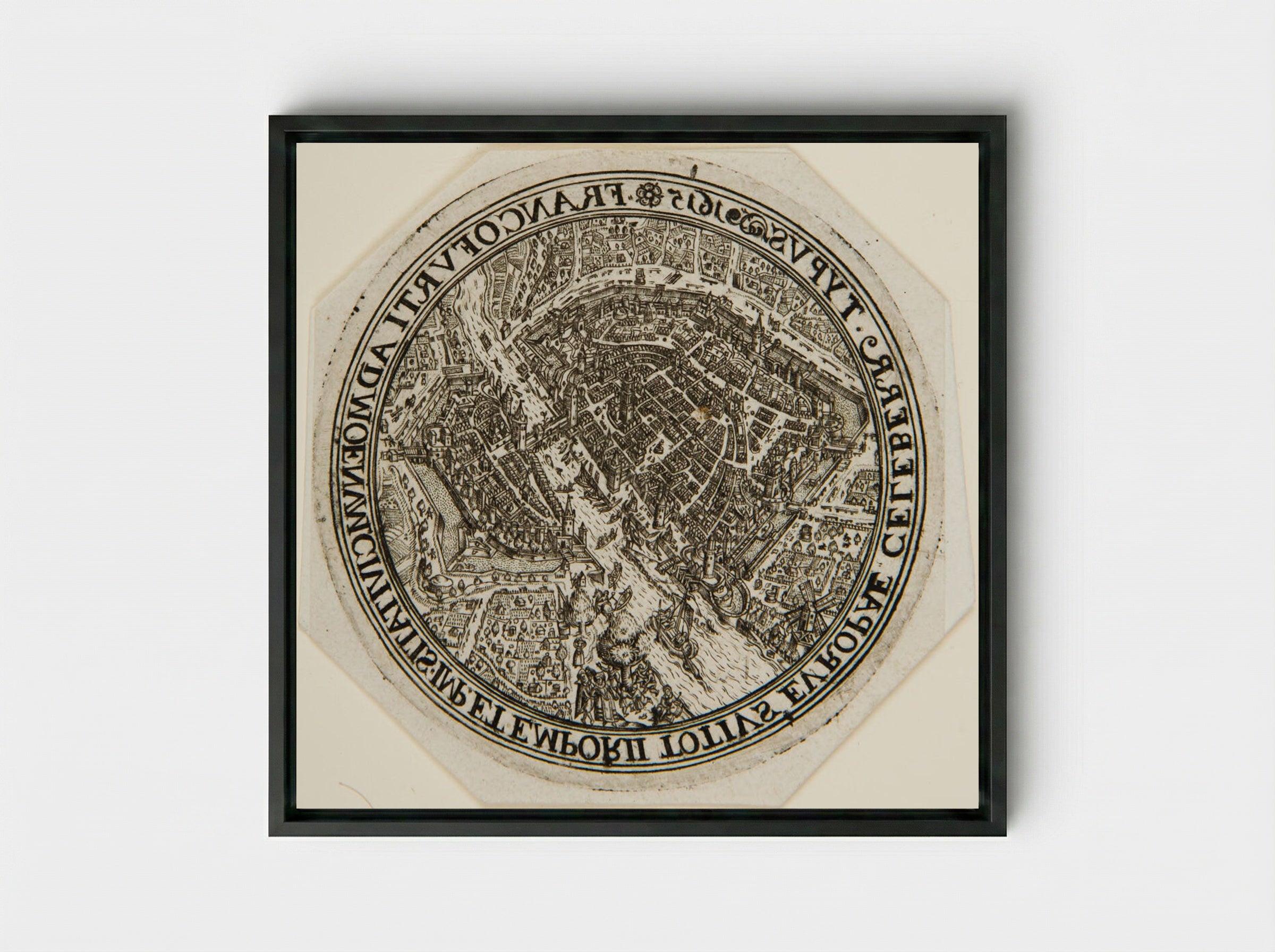 Aerial View of Frankfort - Johann Theodor de Bry - Framed Canvas Black