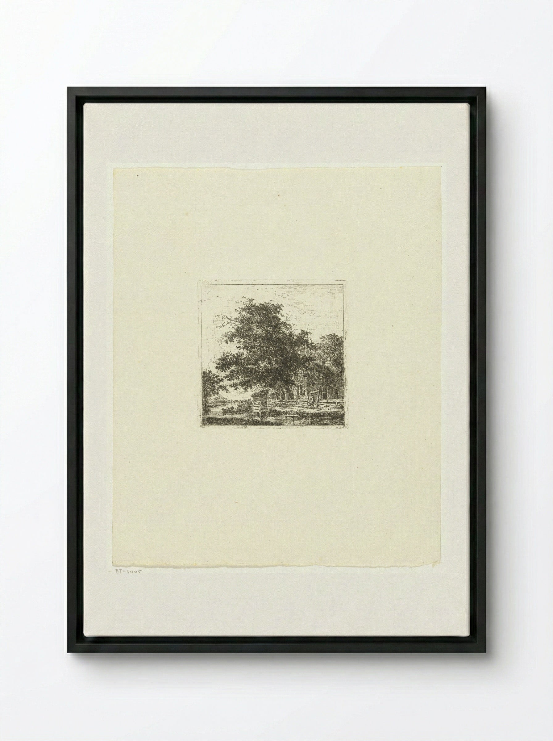 Landschap met huis en visser in een boot - Hermanus van Brussel - Framed Canvas Black