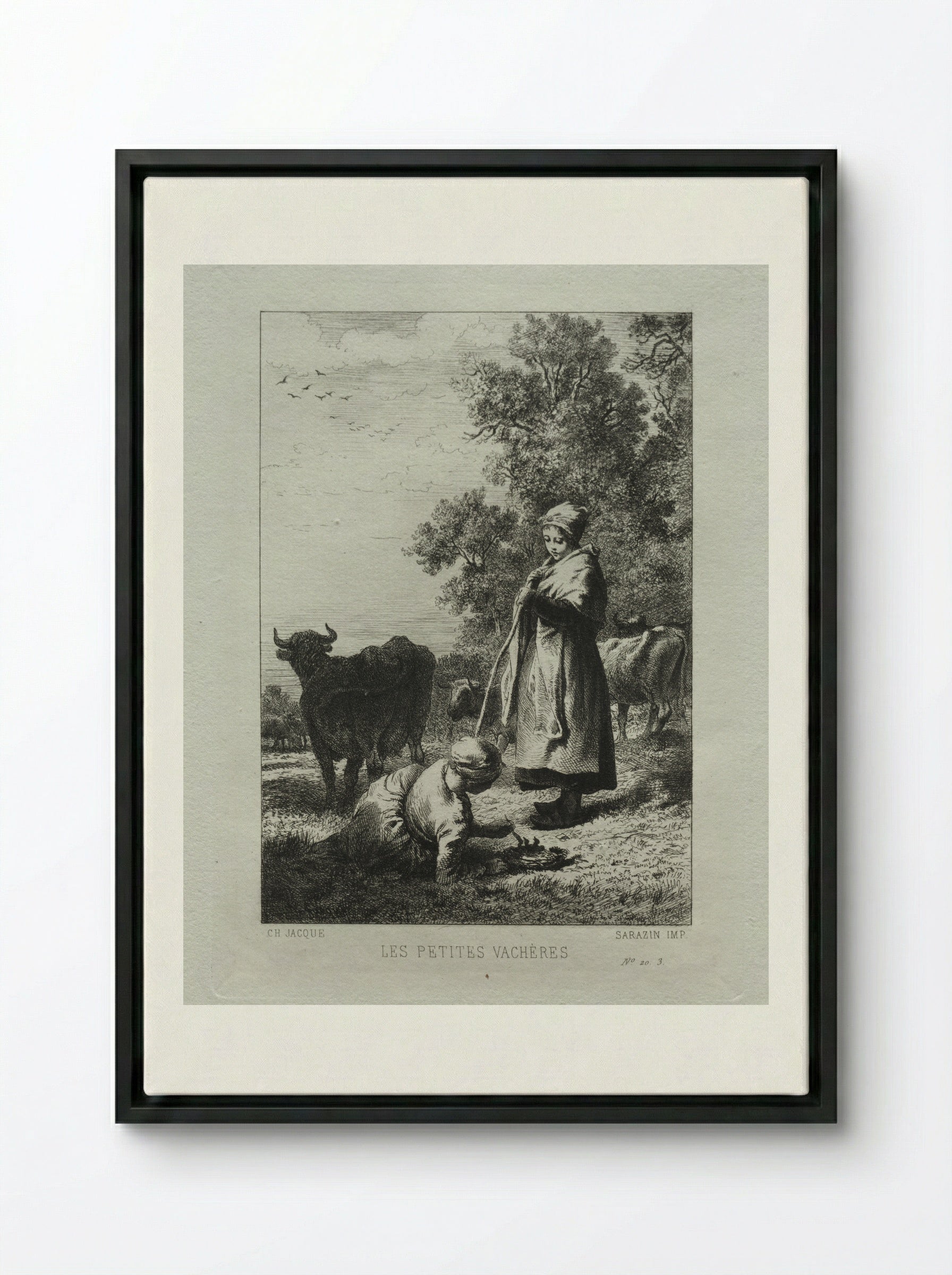 The Little Cowherds - Charles-Émile Jacque - Framed Canvas Black