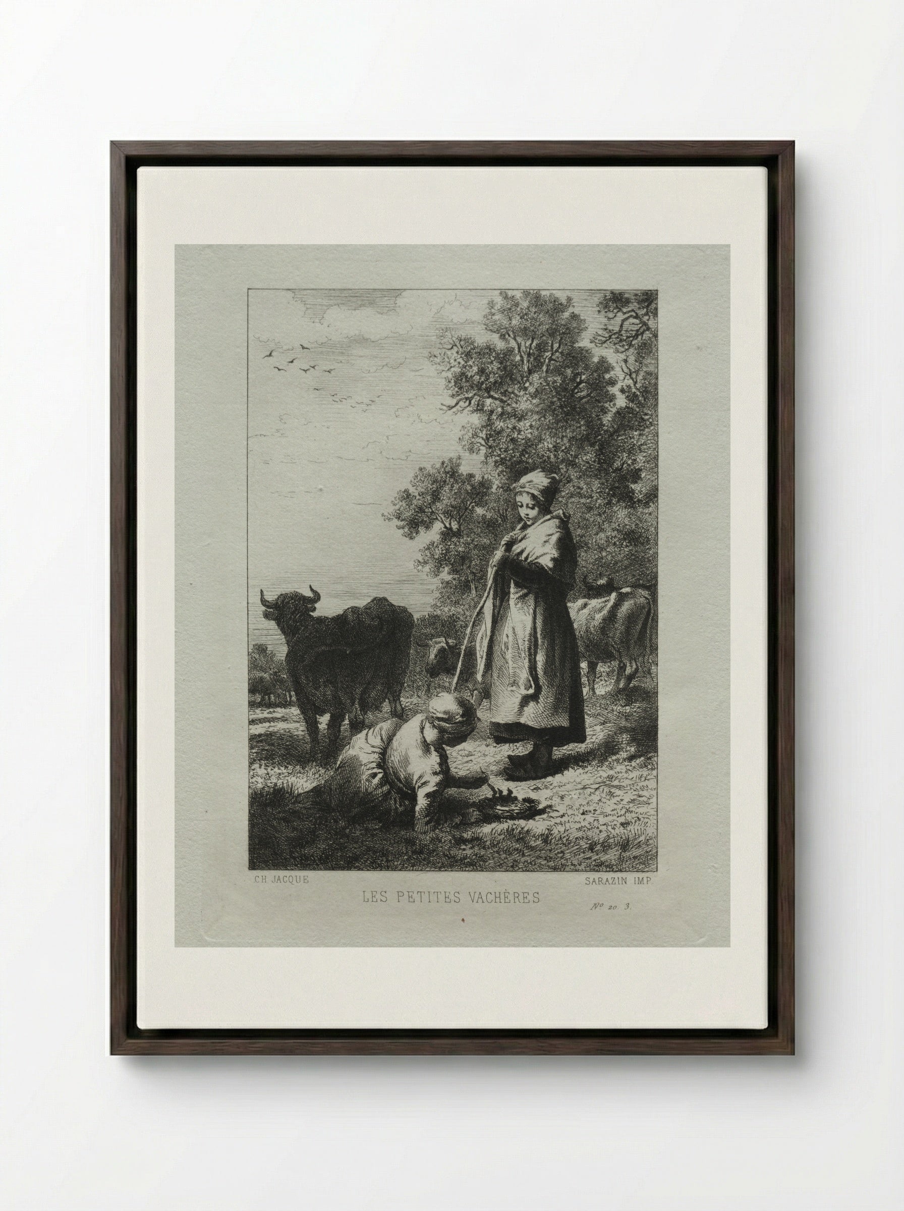 The Little Cowherds - Charles-Émile Jacque - Framed Canvas Dark Wood