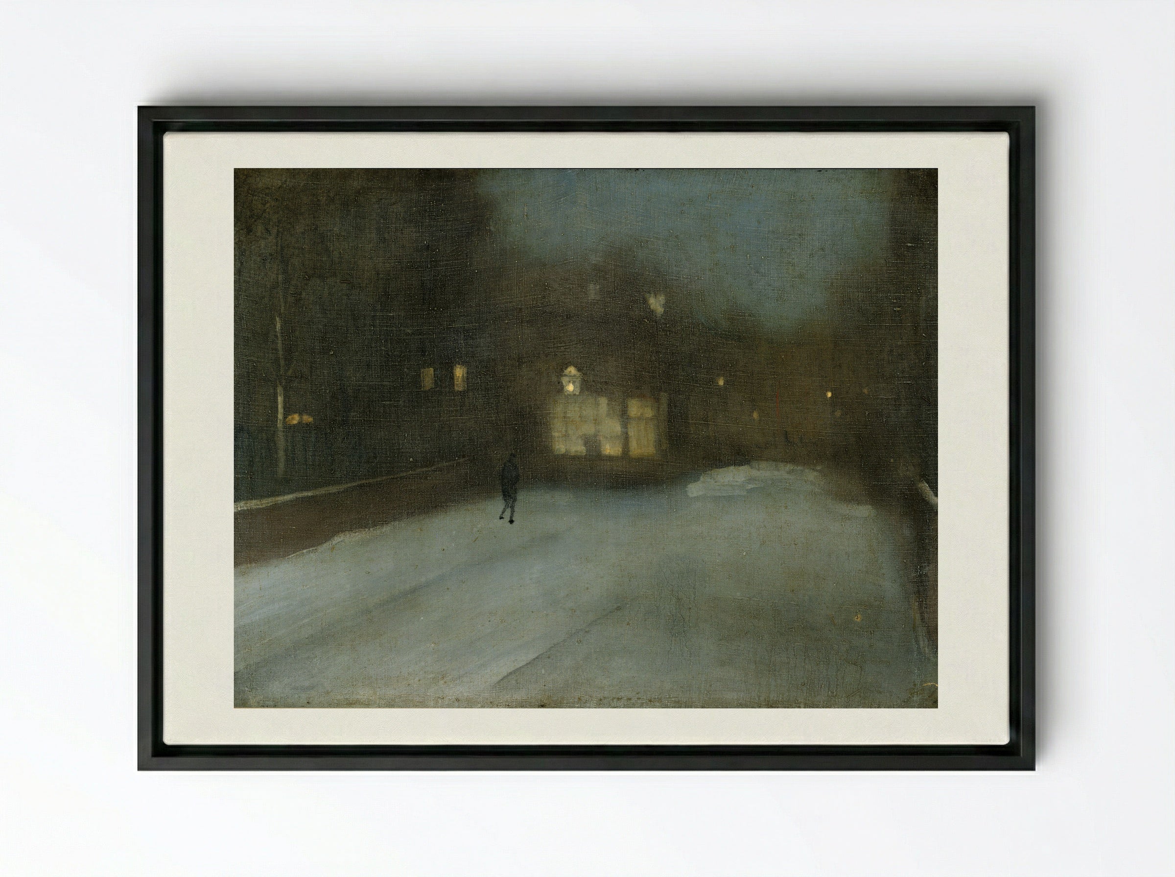 Nocturne in Grey and Gold: Chelsea Snow - James Abbott McNeill Whistler - Framed Canvas Black