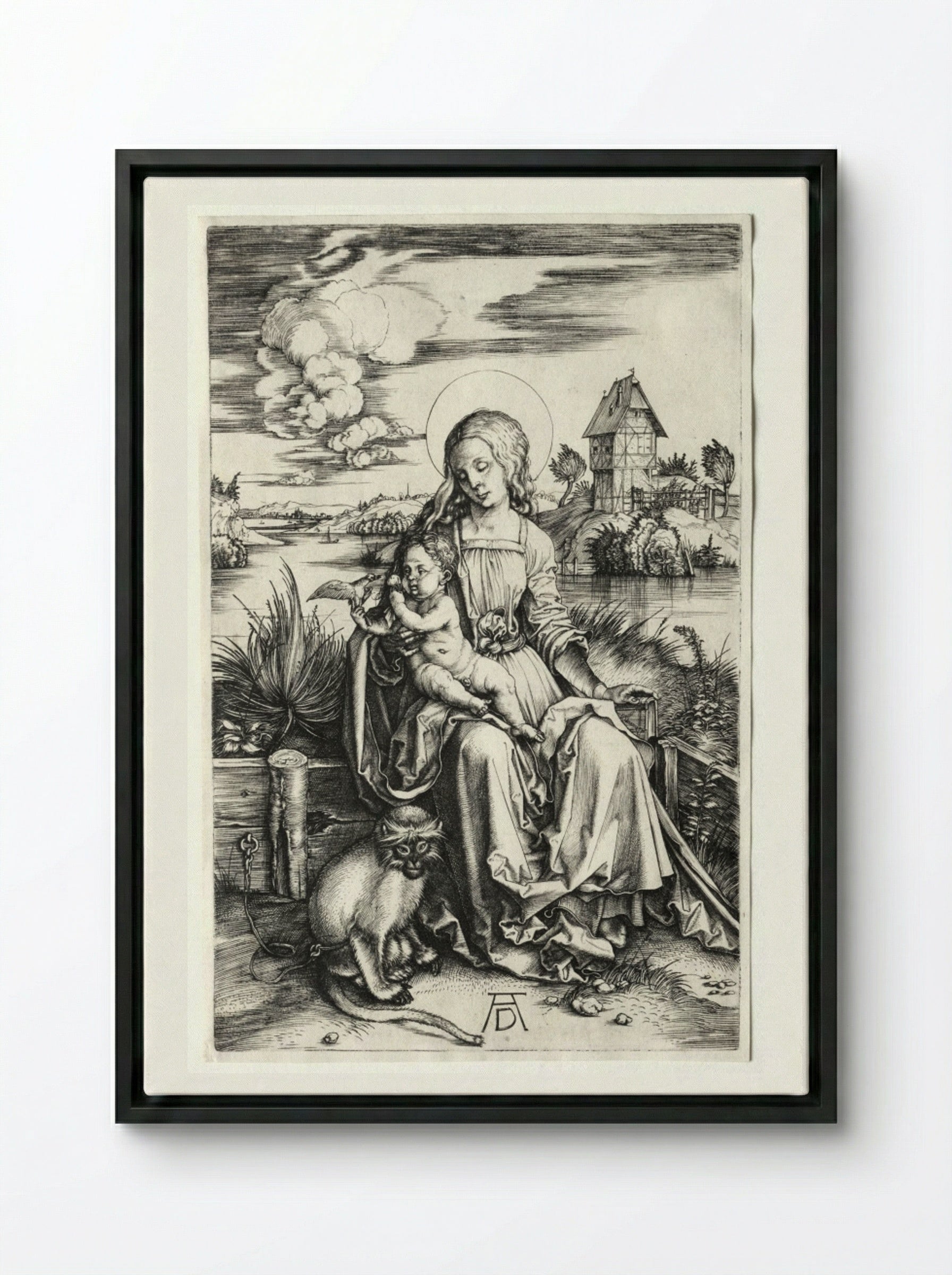 The Virgin and Child with a Monkey - Albrecht Dürer - Framed Canvas Black