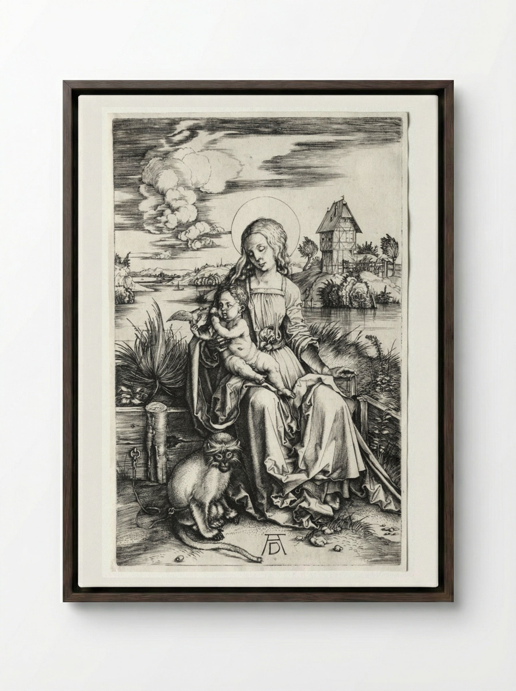 The Virgin and Child with a Monkey - Albrecht Dürer - Framed Canvas Dark Wood