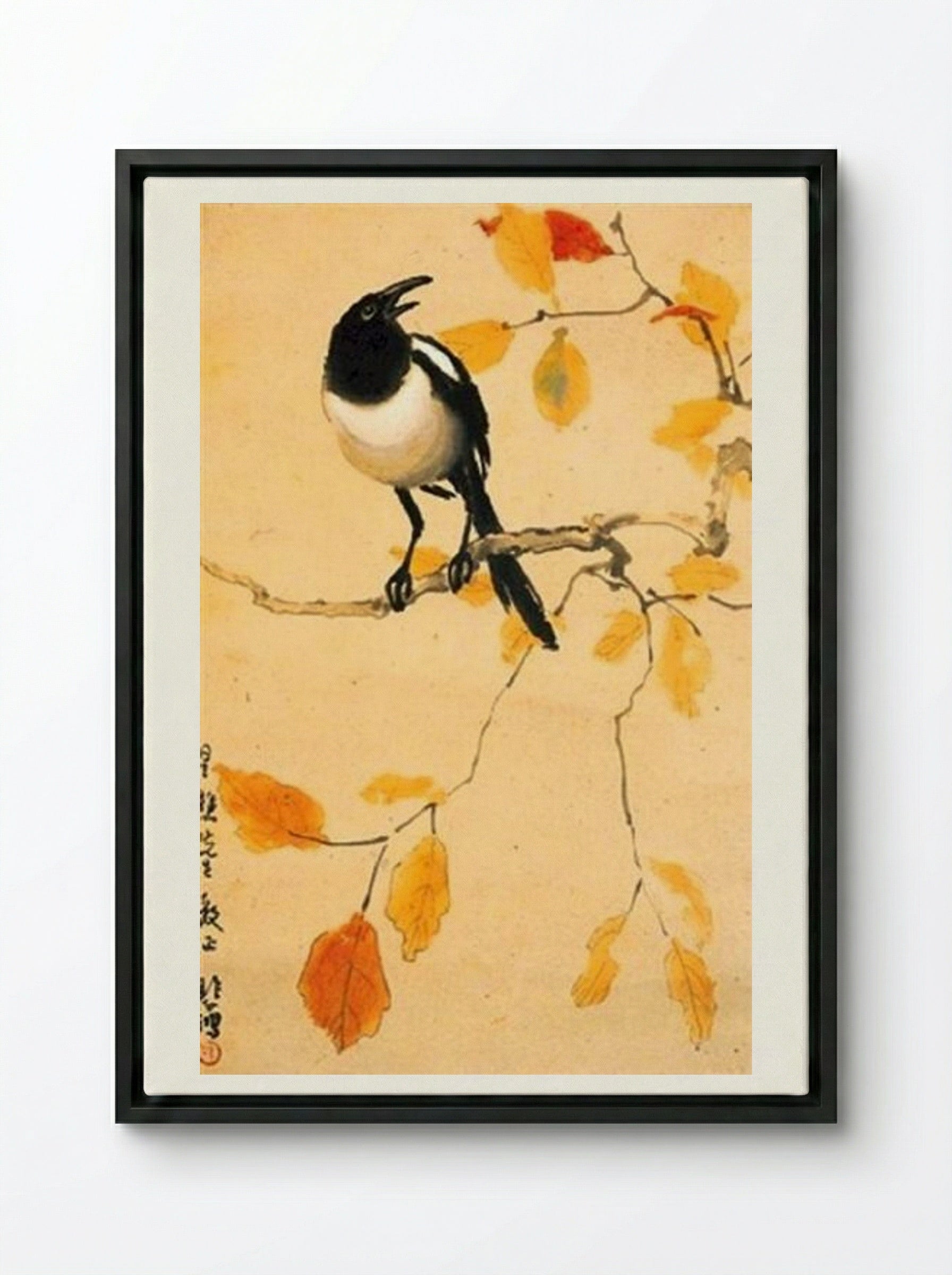 A Magpie on a Maple Branch - Xu Beihong - Framed Canvas Black