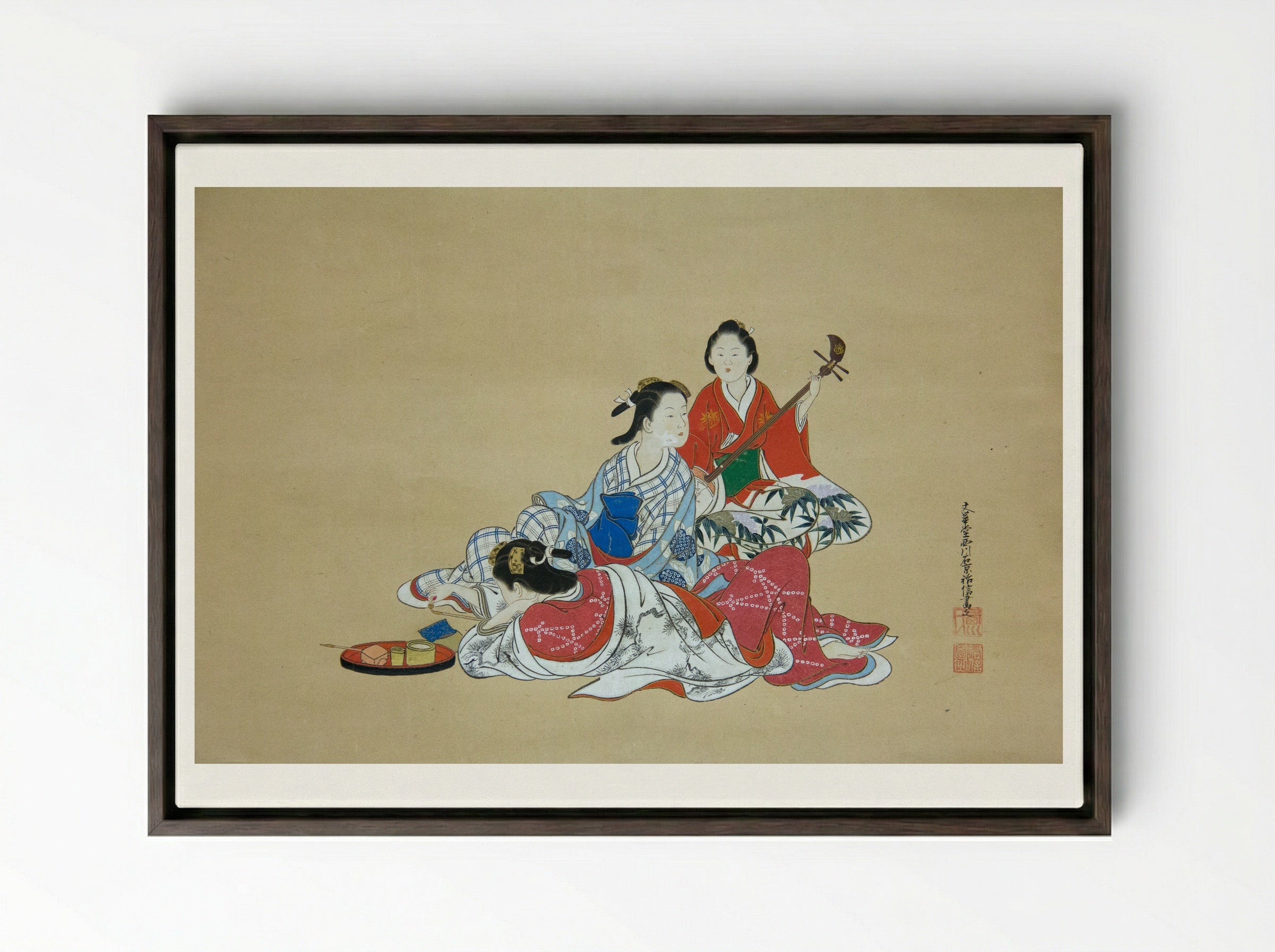 Three Beauties - Nishikawa Sukenobu - Framed Canvas Dark Wood